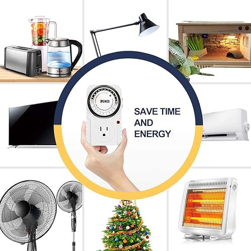 Miniatura 6 de iPower Temporizador de salida mecánico de 24 horas temporizador de enchufe resistente para interiores para cadena de luces de Navidad 3 clavijas CA