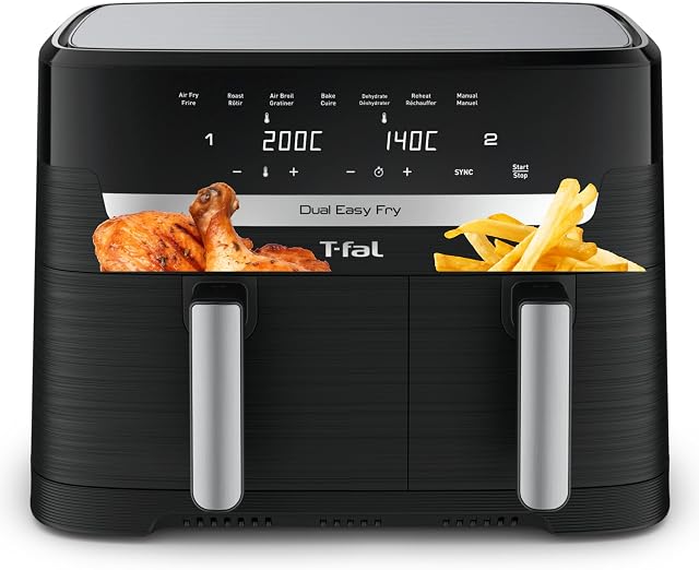 T-fal Dual Easy Fry XL 7-in-1 air fryer, with 2 baskets, 8.7 Qt total, double air fryer, air fryer, extra crispy, roast, bake, reheat, dehydrate, sync mode, dishwasher safe baskets, black and metal