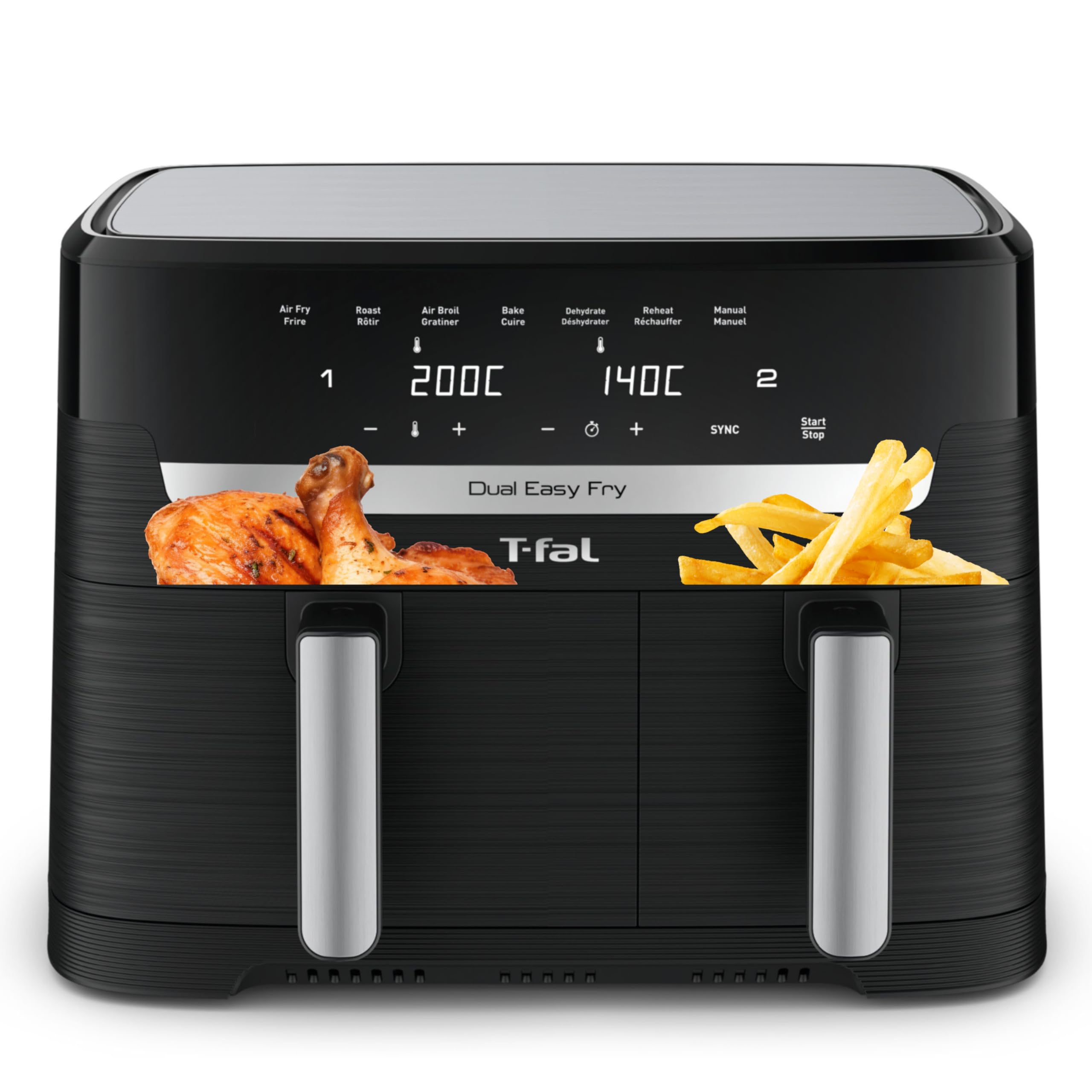 T-fal Dual Easy Fry XL Air Fryer 7-in-1, with 2 Baskets, 8.7 Qt total, Dual Air fryer, Air Fry, Extra Crisp, Roast, Bake, Reheat, Dehydrate, Sync Mode, Dishwasher Safe Baskets, Black & Metal