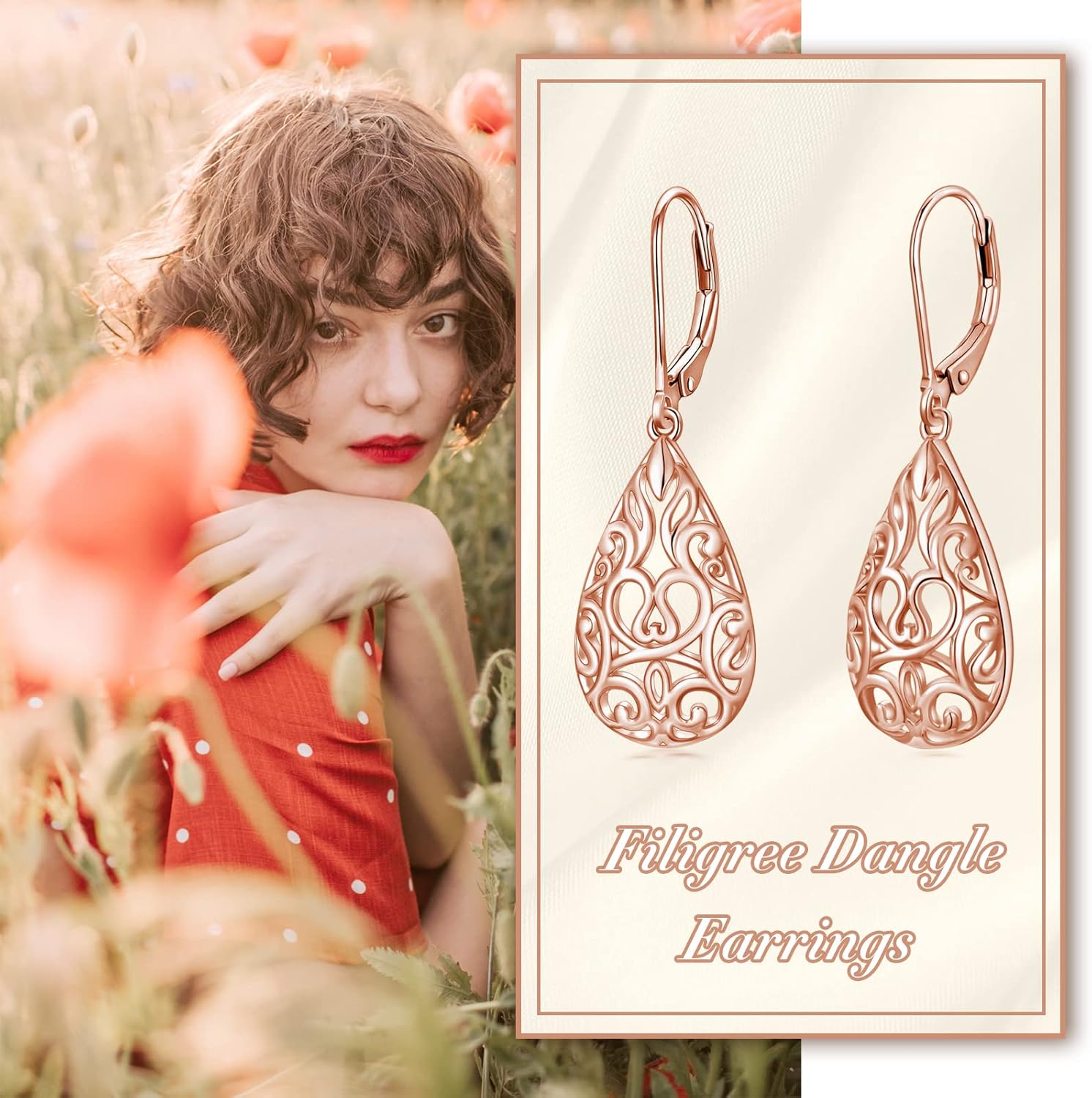 VONALA Filigree Teardrop Earrings for Women Sterling Silver Filigree Teardrop Dangle Earrings Filigree Leverback Earrings for Women Birthday Gift