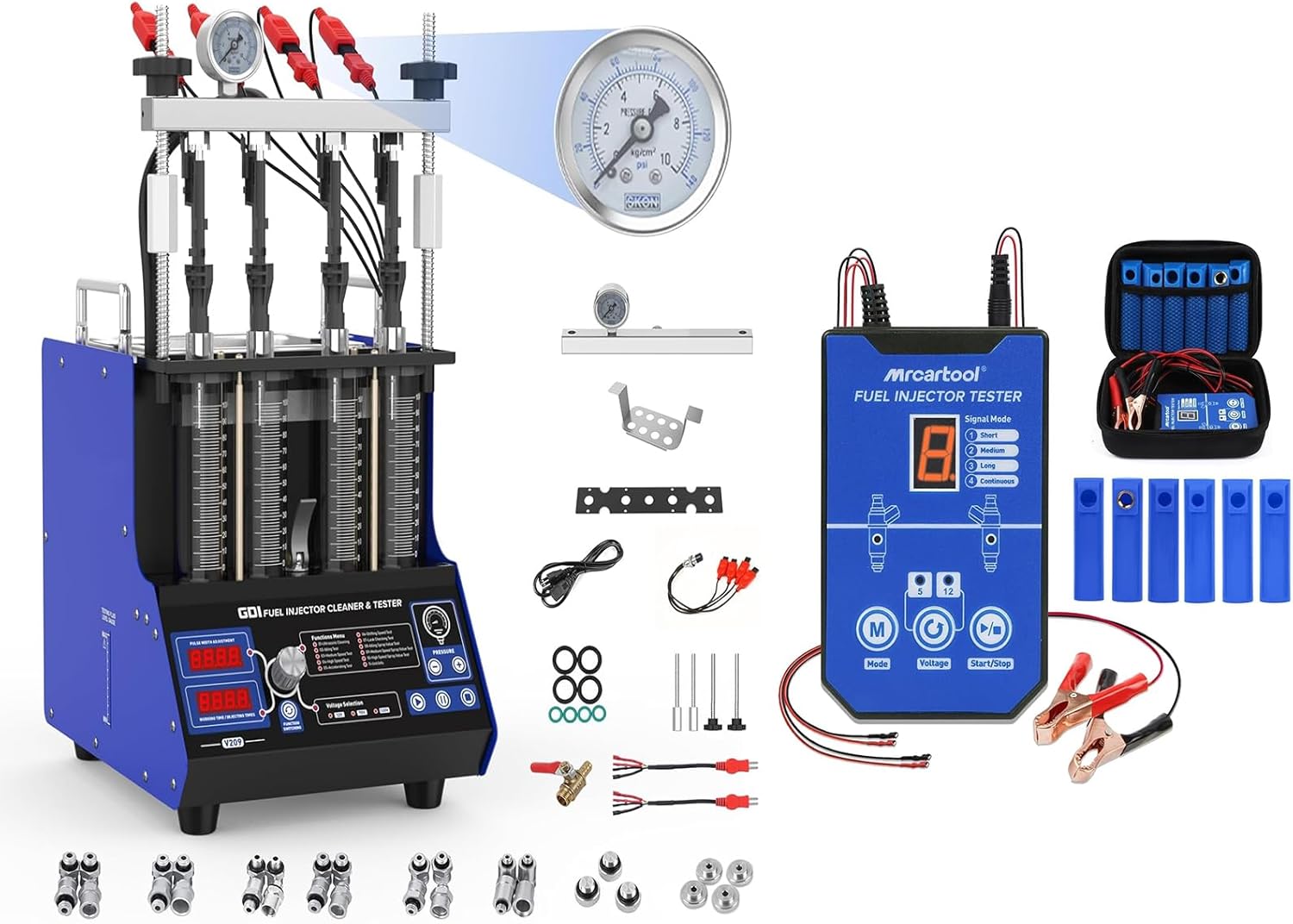 V209 GDI/EFI/FSI Fuel Injector Cleaner Tester Kit, 110V 4-Cylinder Heated Ultrasonic Injector Cleaner Machine with 10 Functions & Fuel Injector Tester and Universal Cleaner Tool Kit， 6 Size Cleaning A