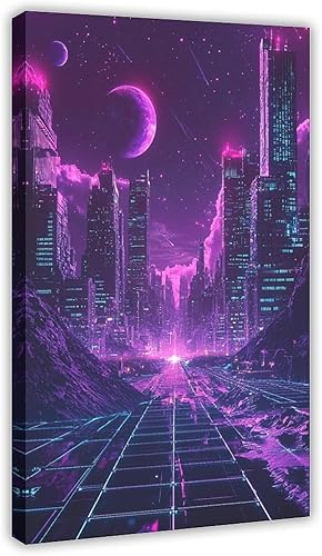 Retro-Futurism Vaporwave Wall Art  Neon Synthwave Poster, 80s Sci-Fi Aesthetic Cityscape Print Canvas Poster Wall Art Decor Print Picture Paintings