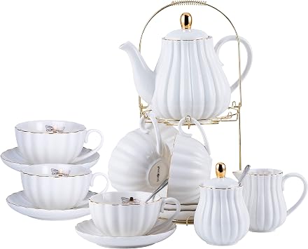 Jusalpha Serve for 6- Fine China White Coffee Cup/Teacup Set, 8 OZ Cups& Saucer, with Teapot-Sugar Bowl-Cream Pitcher Teaspoons and tea strainer for Tea/Coffee White, Serve of 6