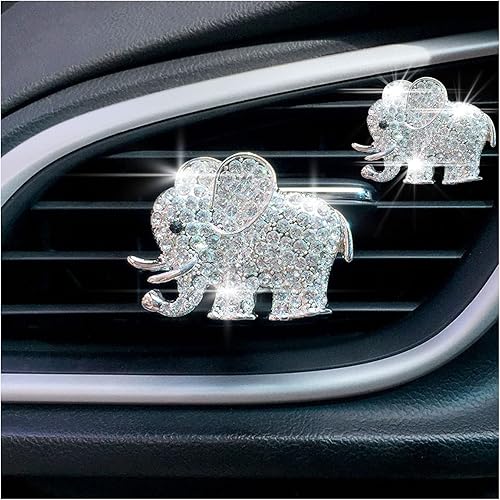 Clip de ventilación de coche con elefante de diamantes de imitación, 2 piezas, adornos brillantes con cristal de elefante para difusor de aire del