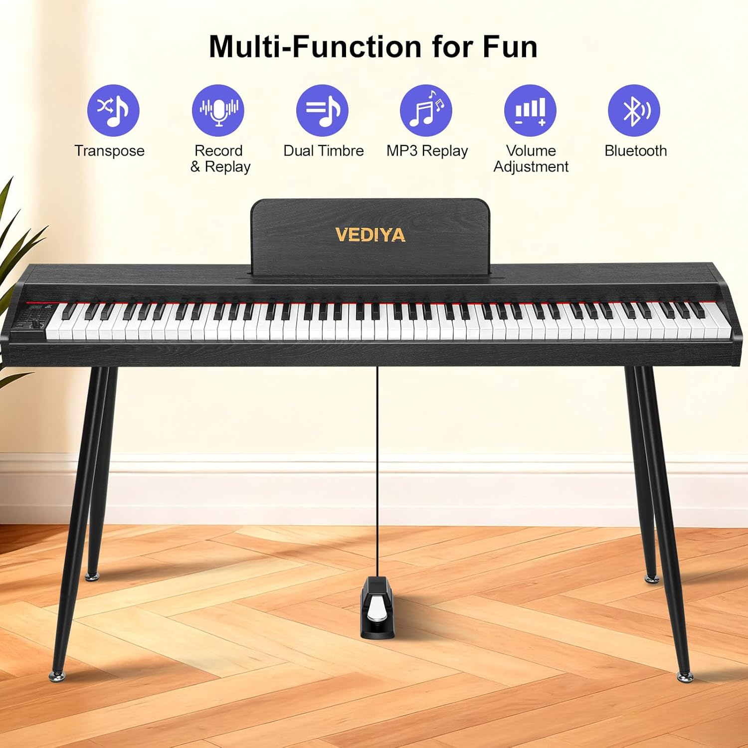 Digital Piano Keyboard 88 key,Semi-Weighted Electric Piano,Full Size Acoustic Piano for Beginners with,Pedal, USB-MIDI Compatibility (Black)