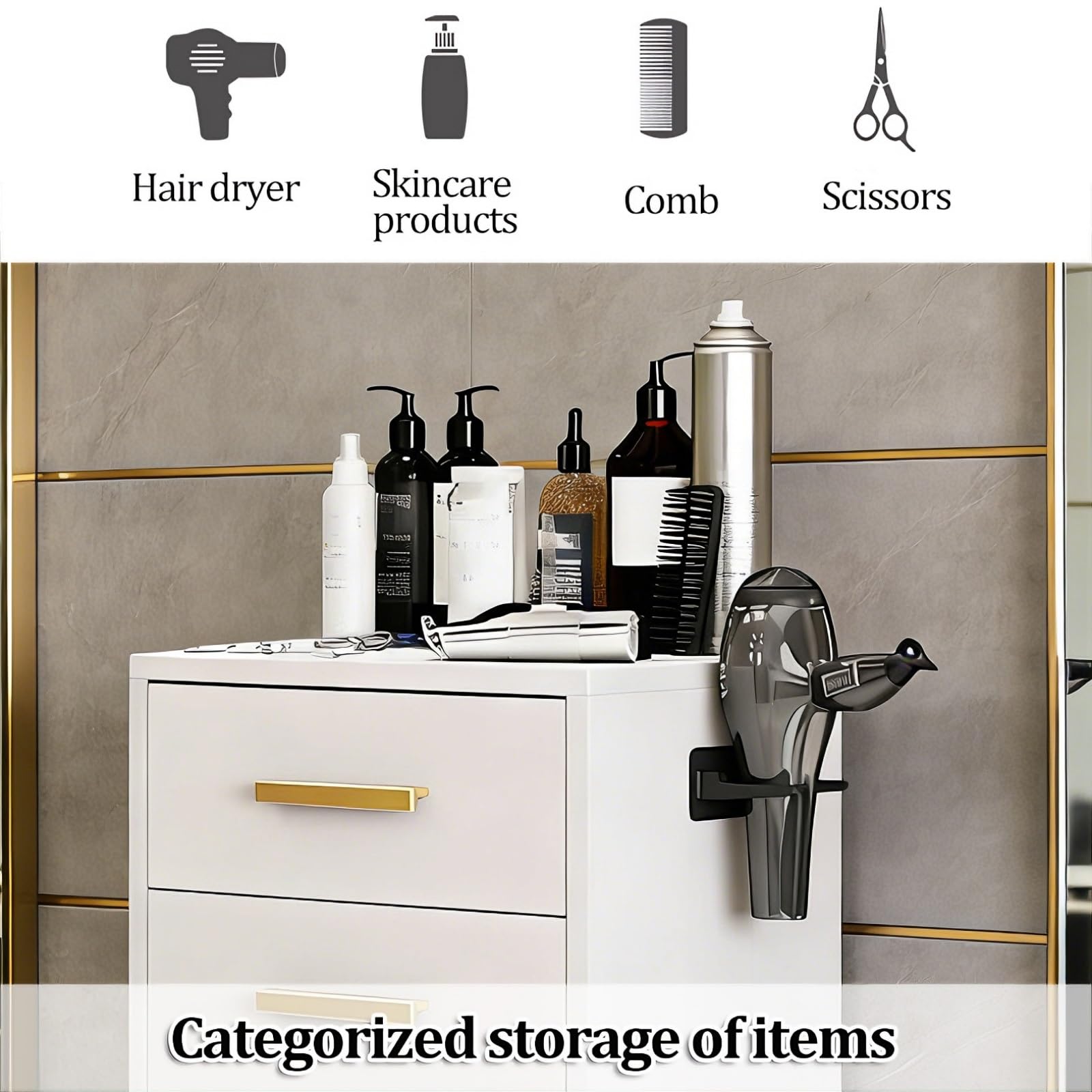 Poste de Travail pour Coiffeur, Meuble de Rangement avec 2 tiroirs et 1 Support pour sèche-Cheveux, Bureau de Coiffure Moderne pour Salon, barbier, Spa (35 * 30 * 80 cm)(Gray)