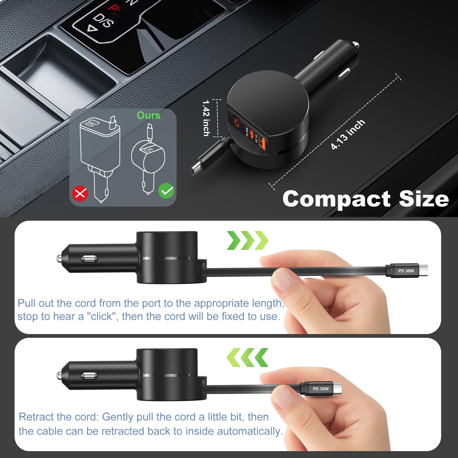 OKRAY Paquete de 2 cargadores retráctiles de coche de 78 W y 3 puertos con 2 cables de carga USB C en espiral