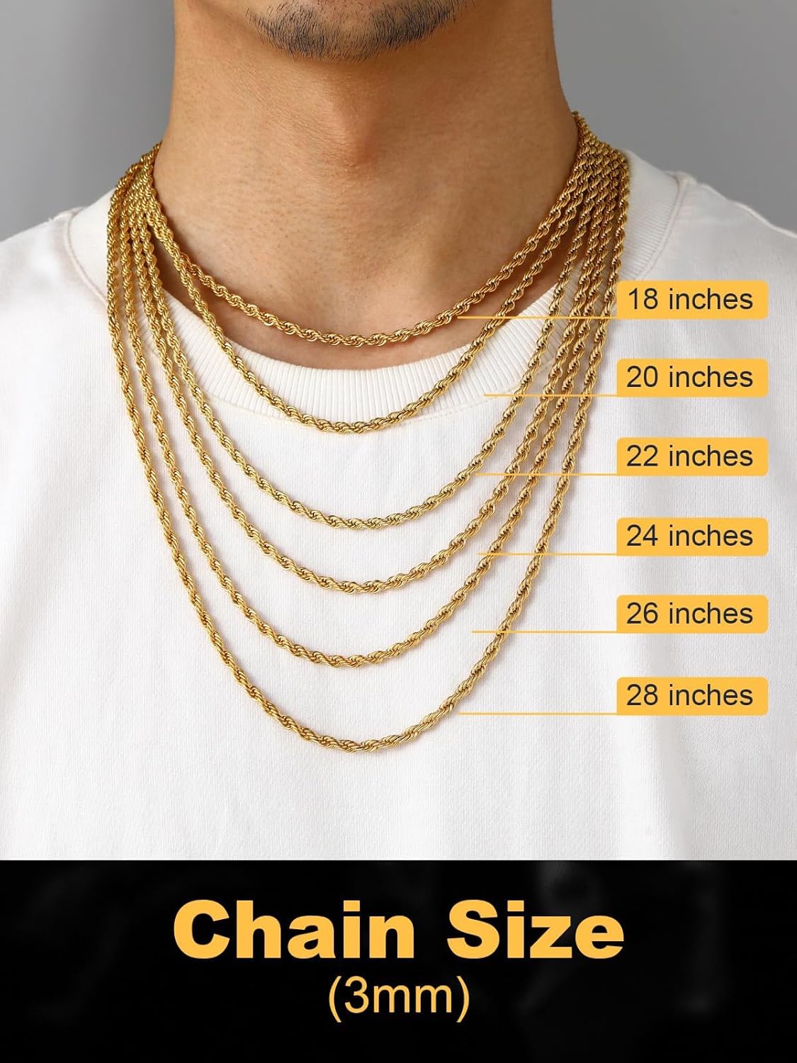 U7 Twisted Rope Chain, Figaro Chain, Men Stainless Steel Necklace and Bracelet Set, 3mm 5mm 6mm 9mm Black Gold Silver Chains Necklaces for Men Women 16"-30"