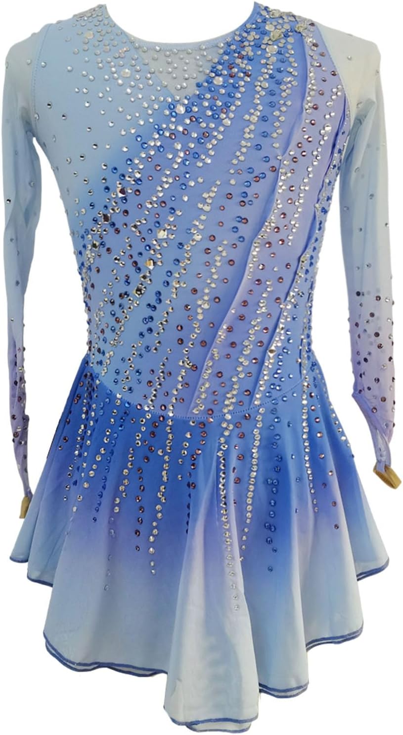 LIUHUO Women's Figure Skating Costume with Blue Gradient, Water Droplets and Long Sleeves