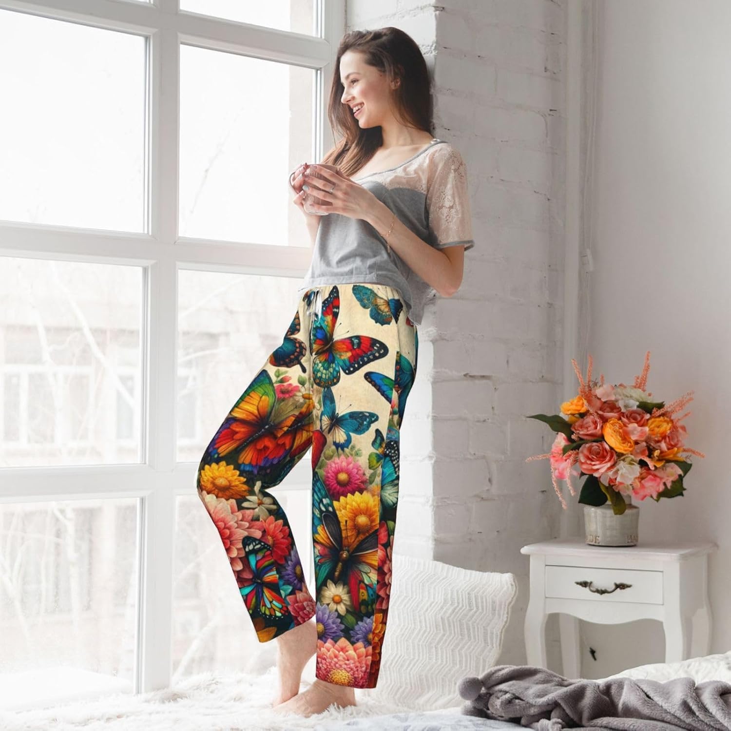 Women'S Flowers-Butterfly-Retro Fleece Pajama Pants, Cozy Flannel Lounge Bottoms For Women