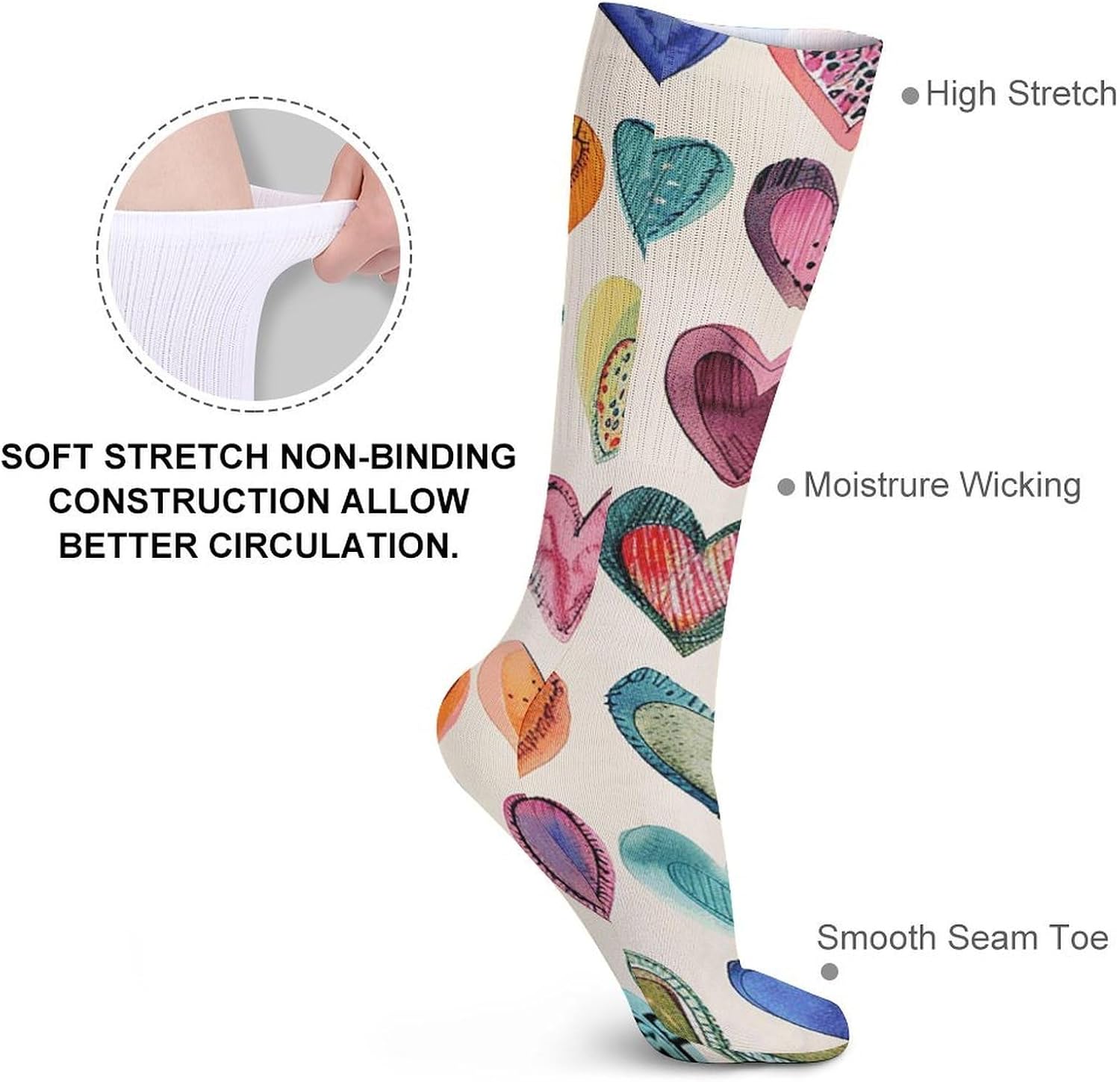 5 Pairs Knee High Socks Color Heart Image Long Tube Boot Seamless Toe
