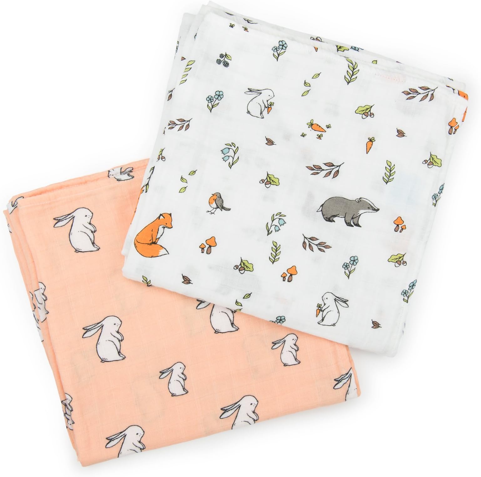 Organic Cotton Muslin Swaddle Blankets, X-Large, Woodland Friends Collection, Set of 2 (Long Ear Bunny + Into The Woods)