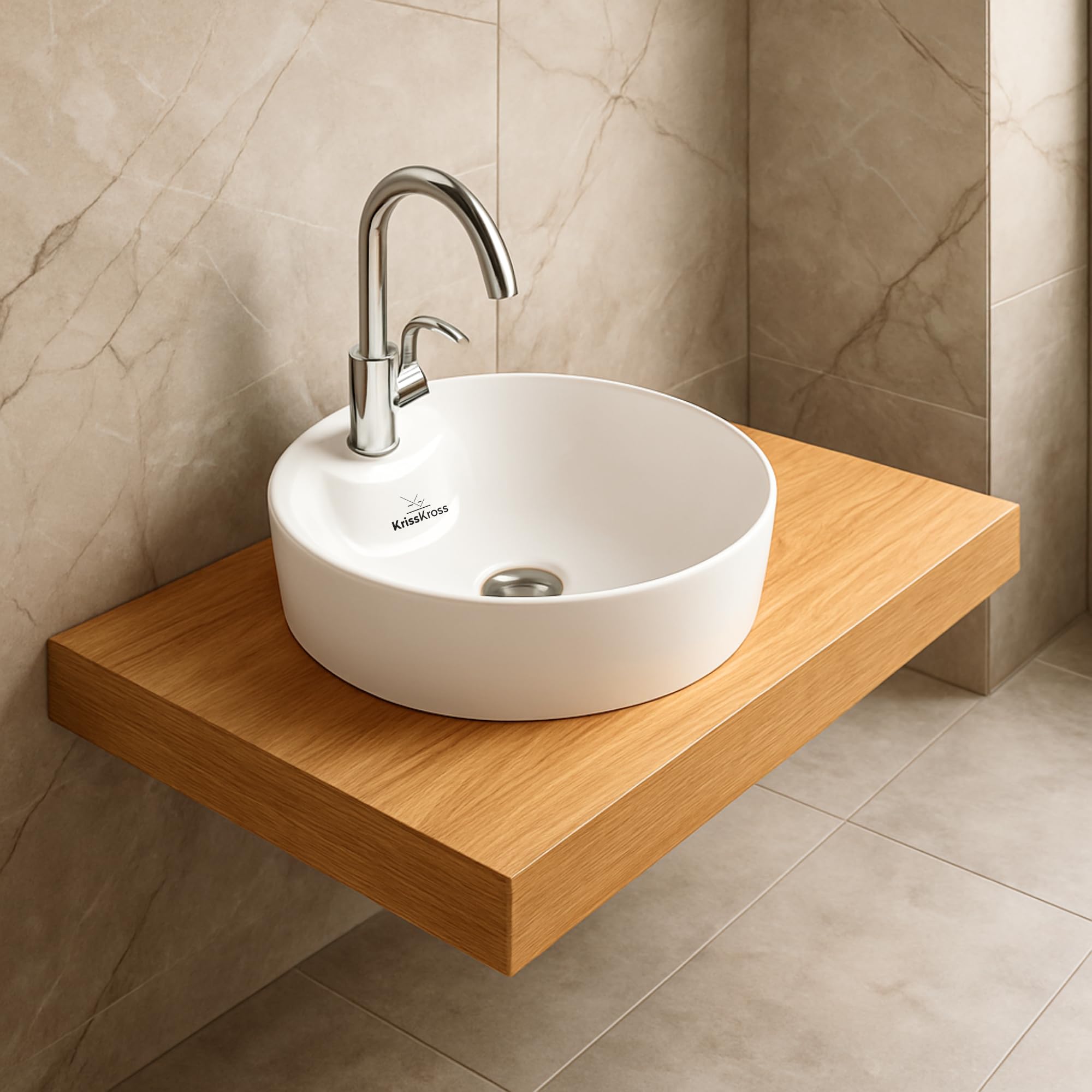 KrissKross Round Countertop Ceramic Wash Basin, Vessel Sink with Tap-Deck, Above-Counter Mount, Gloss White, Easy-Clean, Single-Tap Compatible discount deal