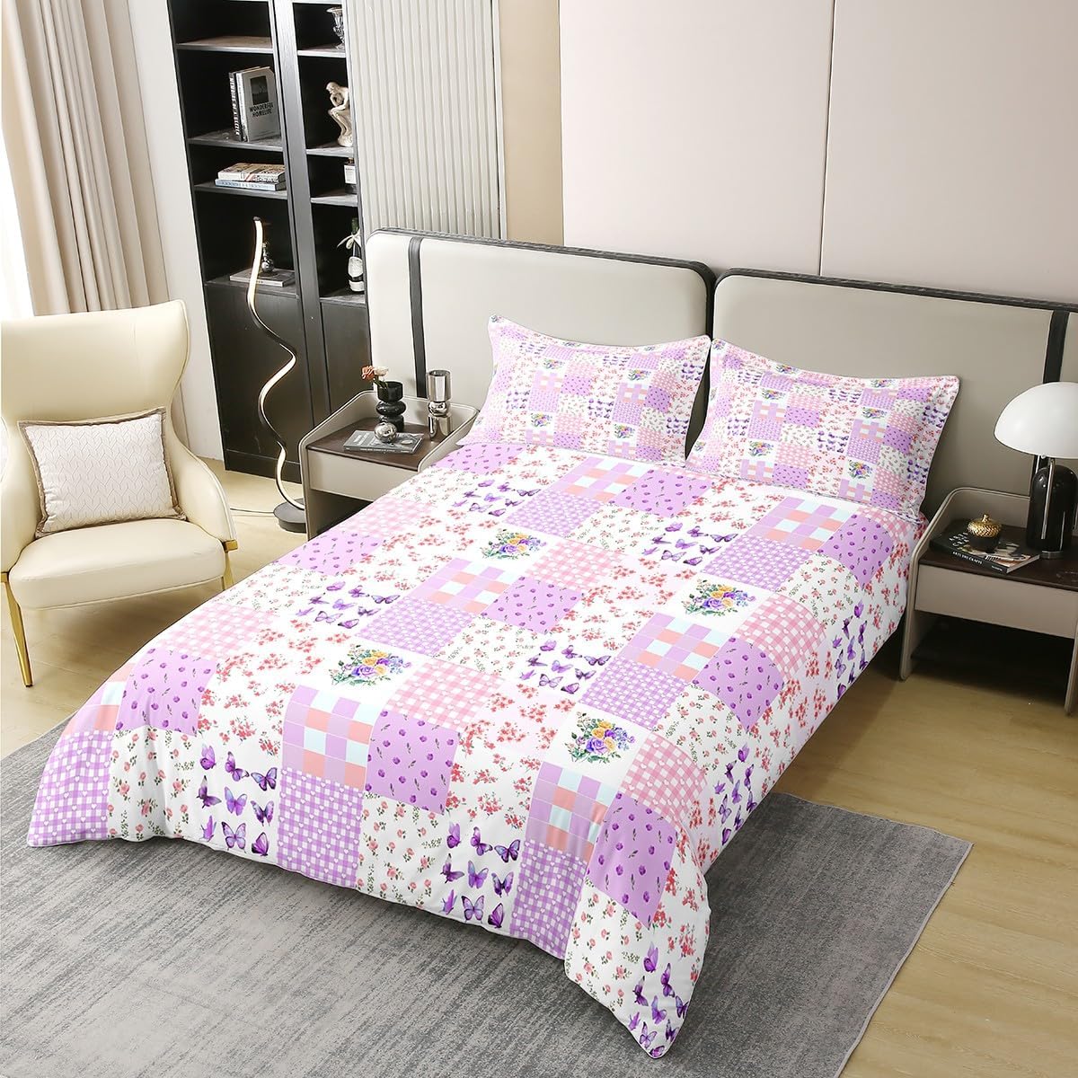 jejeloiu Flower Floral Duvet Cover 100% Cotton Twin Size Purple Pink Comforter Cover for Boys Girls Butterfly Print Bedding Set 2Pcs Cute Geometric Room Decor Breathable Soft Lightweight Microfiber