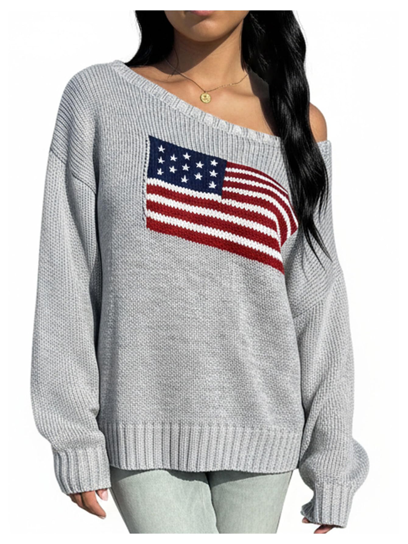 SweatyRocks Womens Oversized Off The Shoulder Sweater Flag Pattern Pullover Crewneck Sweaters Fall Winter Trendy