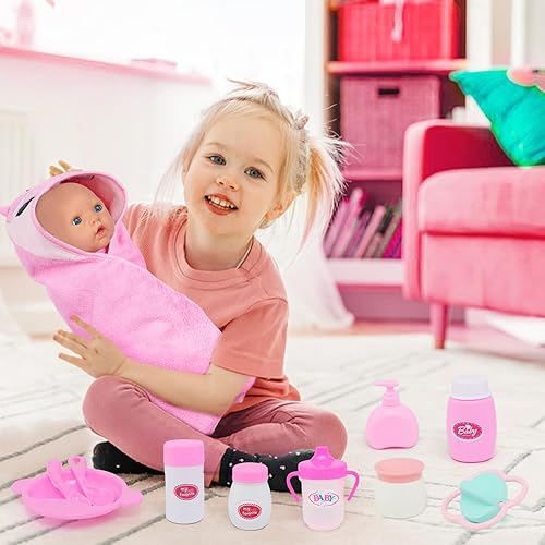 Miniatura 4 de Ecore Fun Juego de accesorios para muñecas de bebé de 12 a 18 pulgadas, juego de cambio y hora de baño con manta de búho, botella, juguete, babero,