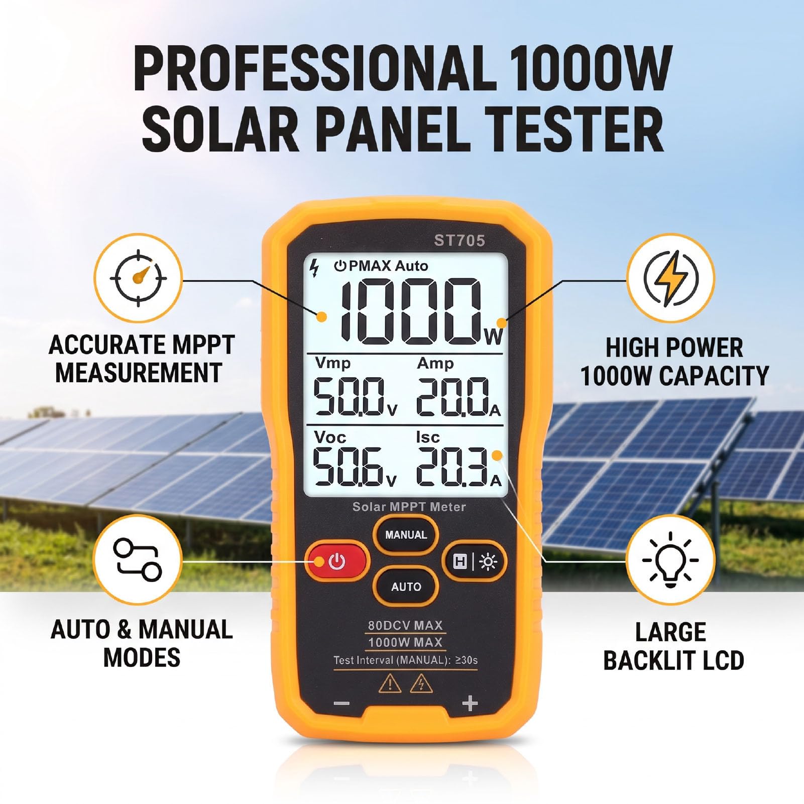 Jiawu Tester Paneli Słonecznych o Mocy 1000 W Miernik MPPT, Testowanie Mocy Modułów Fotowoltaicznych
