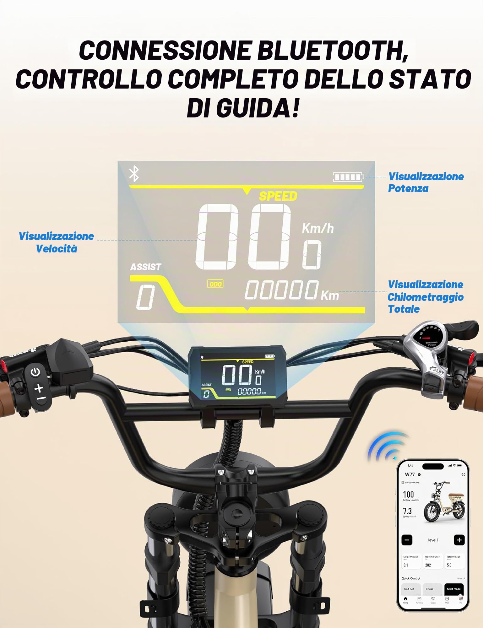 Onesport W66/W77 E Bike Elettrica, 20 X 4 Pollici Fat Tire Ebike con Batteria 48V 18AH/13.5AH Autonomia 30-100KM, Sospensione Integrale & Freni Idraulici, Bici Elettrica Uomo e Donna con Bluetooth APP