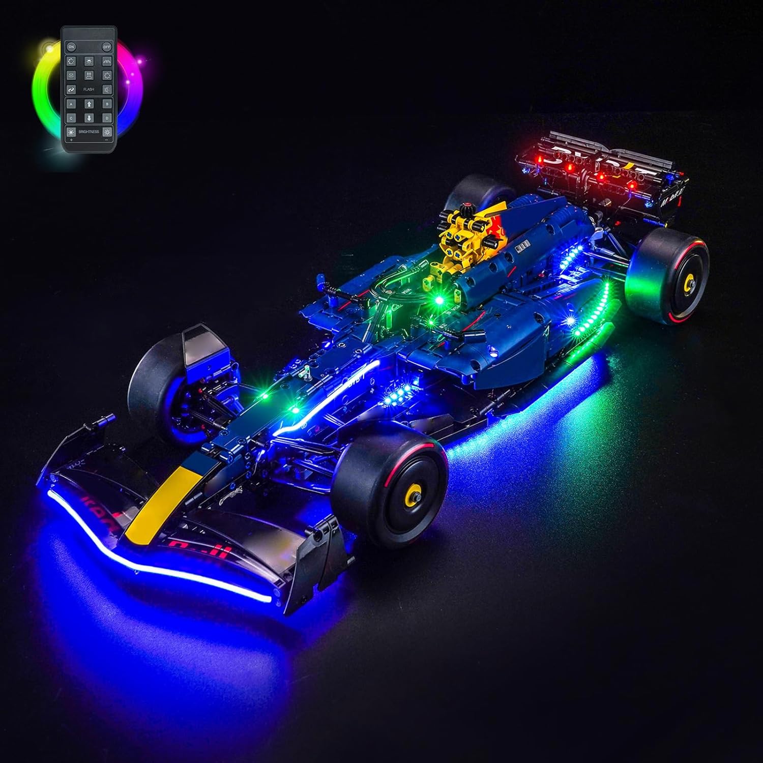 The remote control unit for the BrickBling LED Light Kit, showing buttons for power, brightness, and various lighting modes.