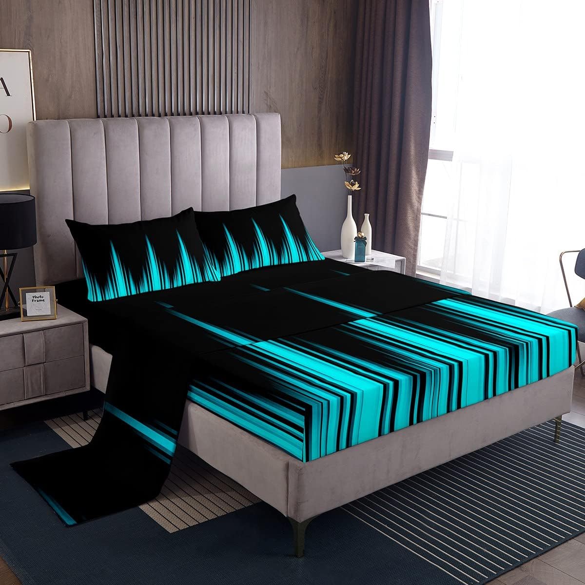 Feelyou Turquoise Teal Blue and Dark Sheet Set Vintage Ombre Sheets with Deep Pocket Fitted Sheet Gradient Dark Simple Style Bed Sheets Set Breathable Bedding Set Bed Set Full Size