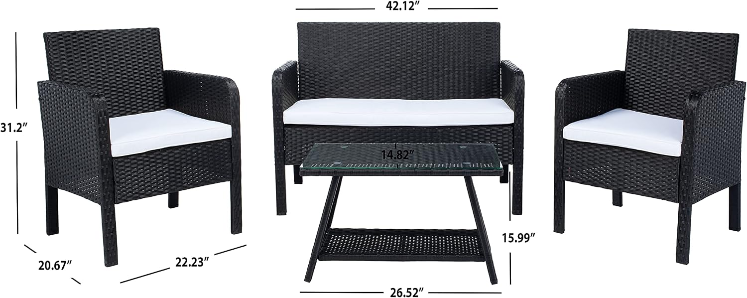 SAFAVIEH PAT7505A Collection Aboka Black and Beige 4-Piece Outdoor Living Patio Set