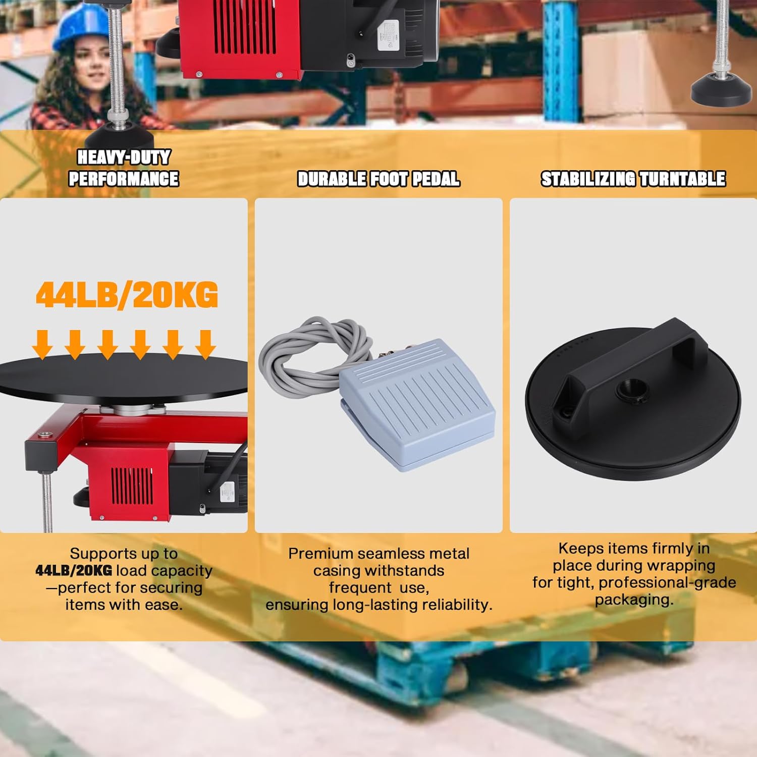 Electric Stretch Film Wrapping Machine, T-Shaped Design High-Efficiency Labor-Saving with 15.7in Auxiliary Turntable and Foot Pedal Switch