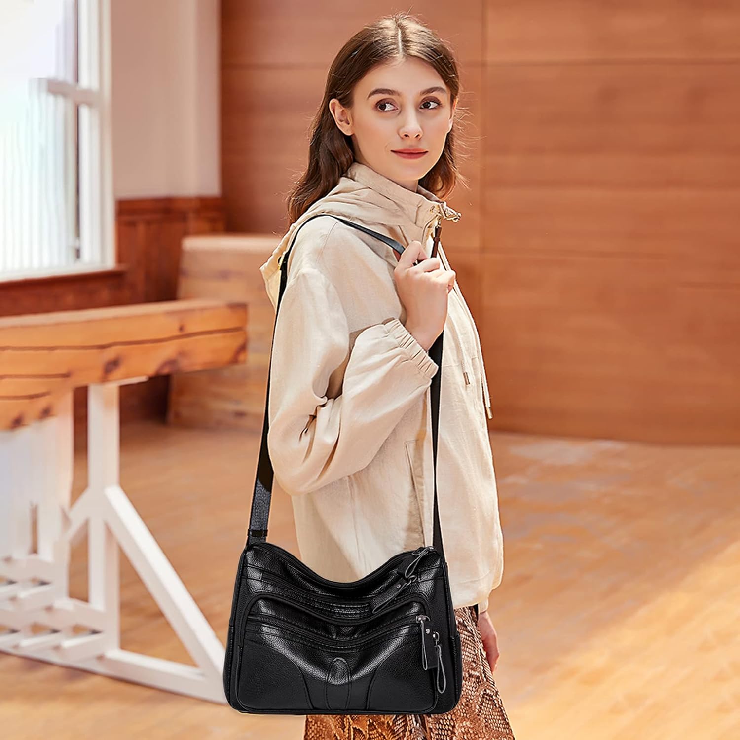 PORRASSO Women's Large Black Crossbody Bag - Utility with Vintage Touch - Waterproof, Soft PU Leather - Casual, Work, Travel, School - 7 Pockets, 9.7 Inch Tablet Compatible