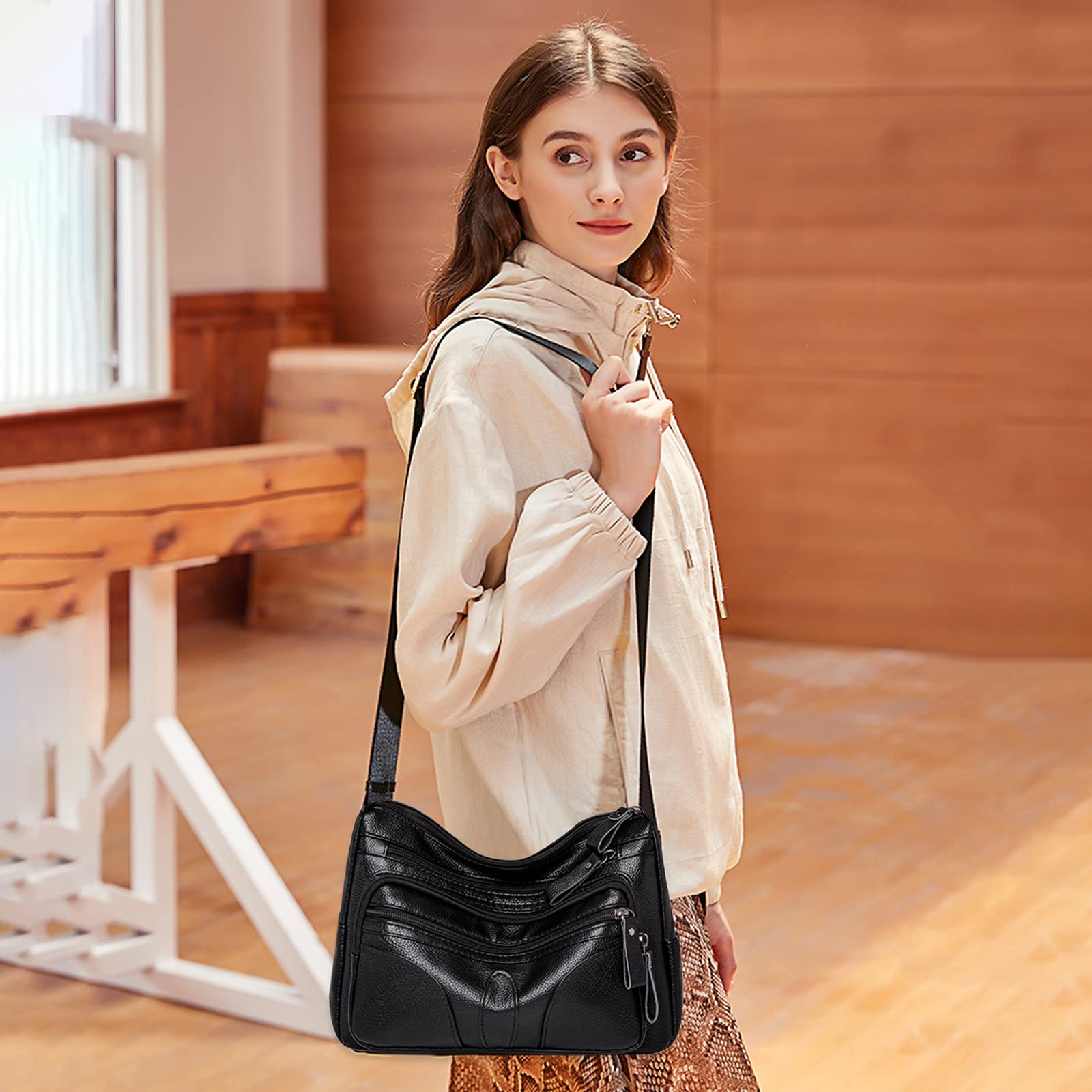 Donna Borsa a Tracolla Casual Borse a Spalla Pelle Impermeabile Borsetta per Lavoro Shopping Viaggio Uso Quotidiano Nero