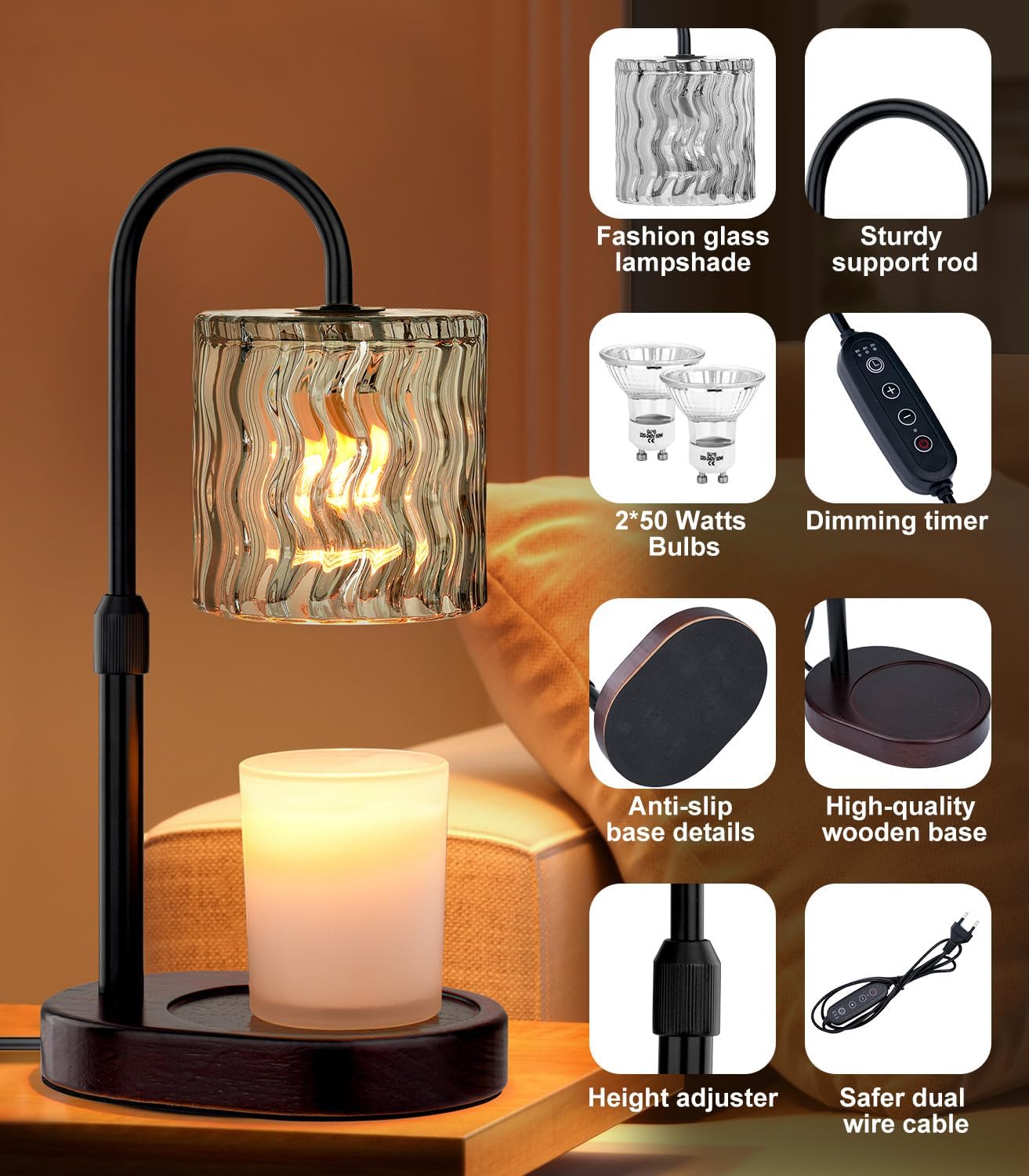 GOIUEDBZ Candle Warmer Lamp Electric Timer: Dimmable Candles Warming Lamps - Height Adjustable Burner Jar - No Flame Scented Melts Wax - All Candle Jars Home Decor Table Light
