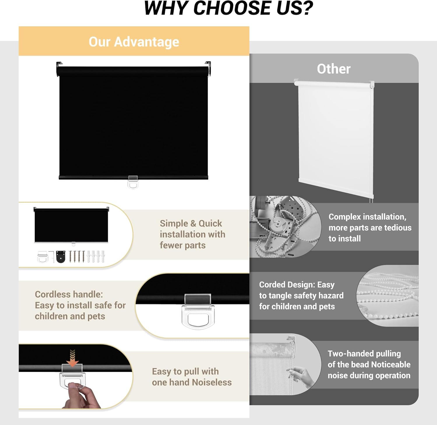 Boolegon Cordless Roller Shades, Blackout Blinds for Windows, Room Darkening Rolled Up Shades with Spring System, UV Protection Window Shades Door Blinds for Home, Office,Blackout-Black,Custom Size
