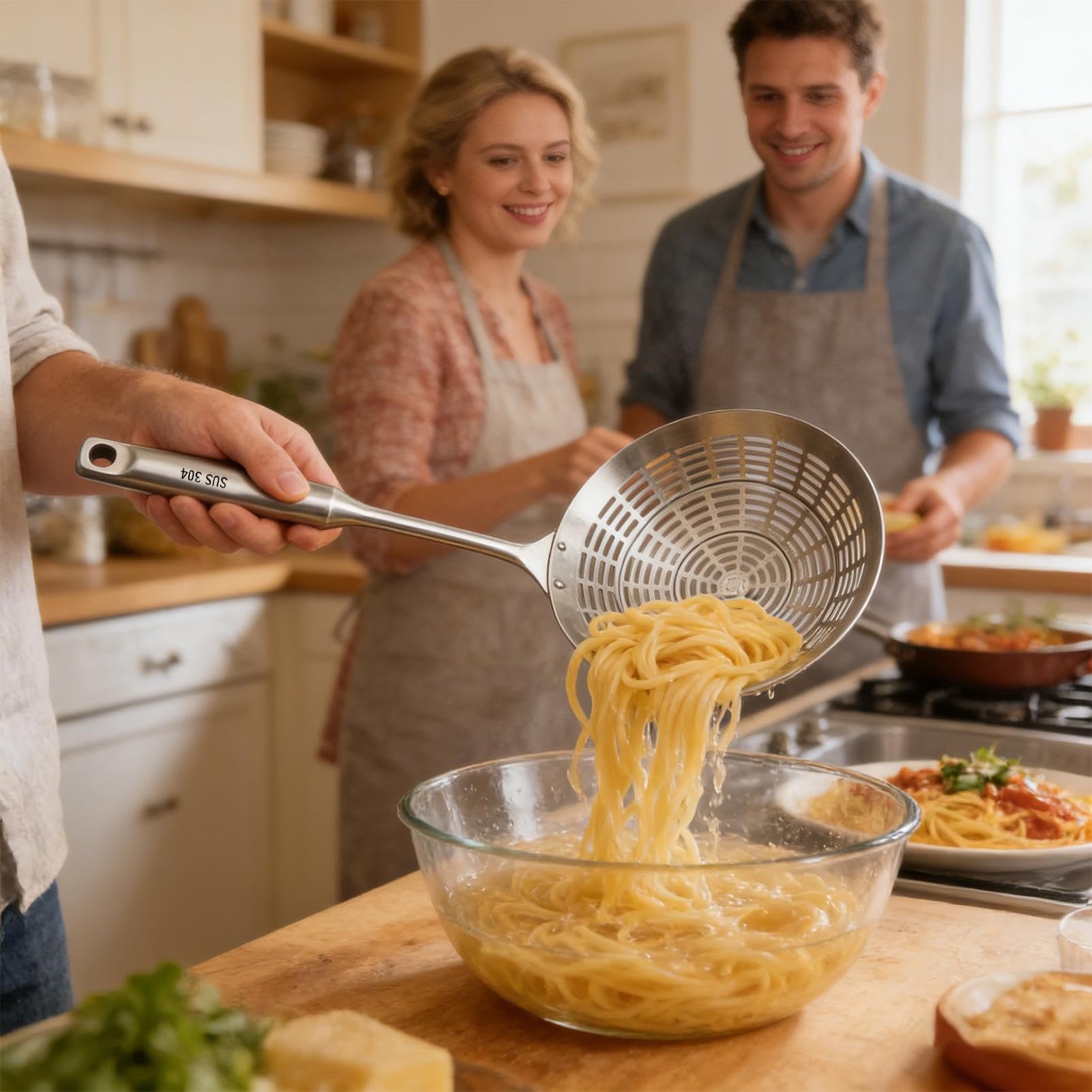 Schiumarola con Manico - Acciaio a fessure antiscivolo - Cucchiaio per Frittura Accessorio da Cucina | per Patatine, Verdure, Ravioli e Preparazione Cibi per Casa e Ristorante