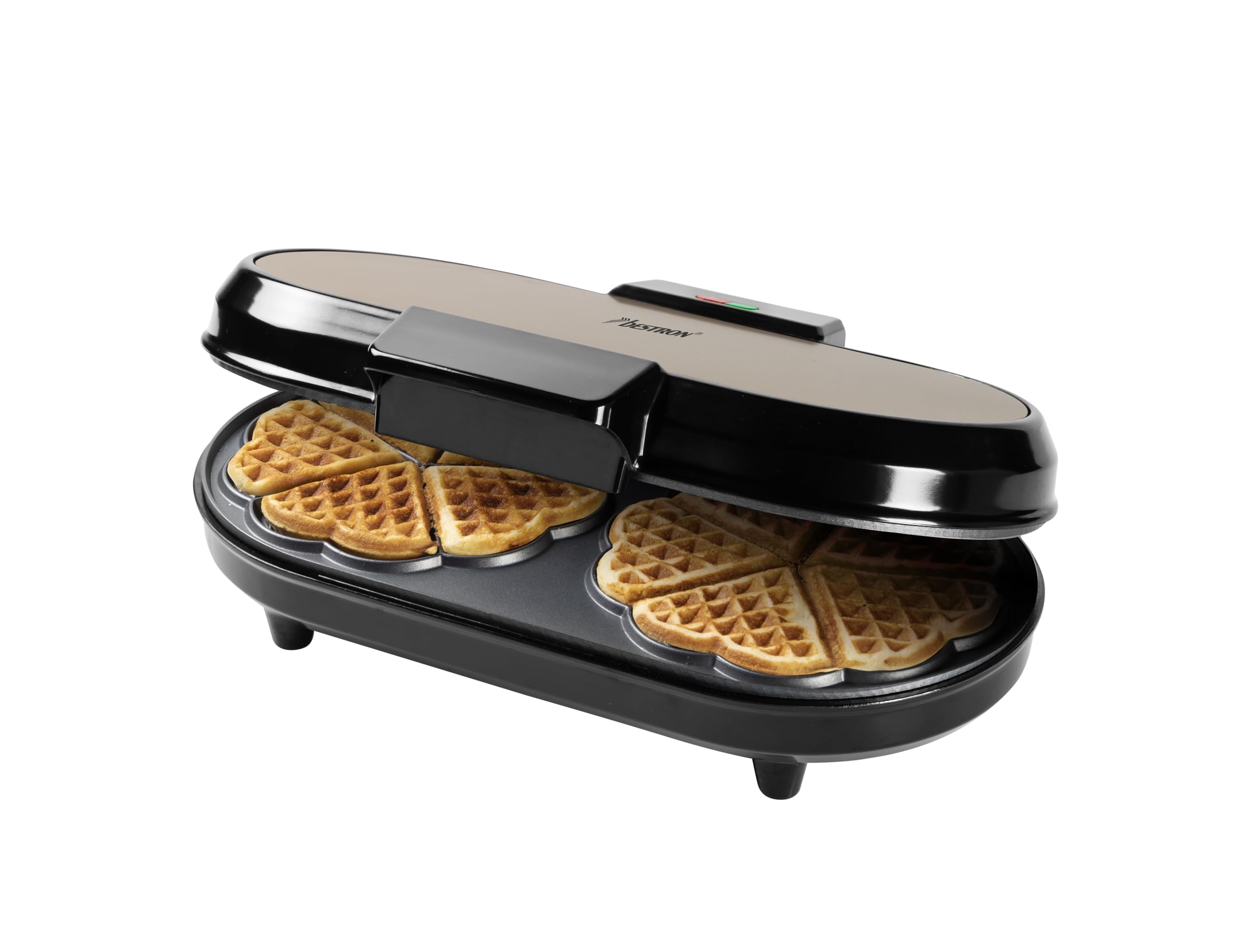 Bestron Doppel-Waffeleisen für klassische Herzwaffeln, Doppel-Waffeleisen in Herzform, Waffelmaker mit Backampel & Antihaftbeschichtung, 1.200 Watt, Farbe: Beige