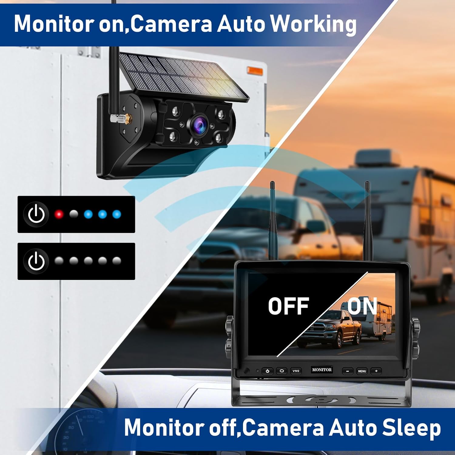 Wireless Backup Camera for Truck RV Trailer Car Camper Tractor Vehicles, Magnetic Solar Reverse Camera,7" HD 1080P Monitor with Portable Rechargeable Waterproof 170° Rear View Camera,IR Night Vision