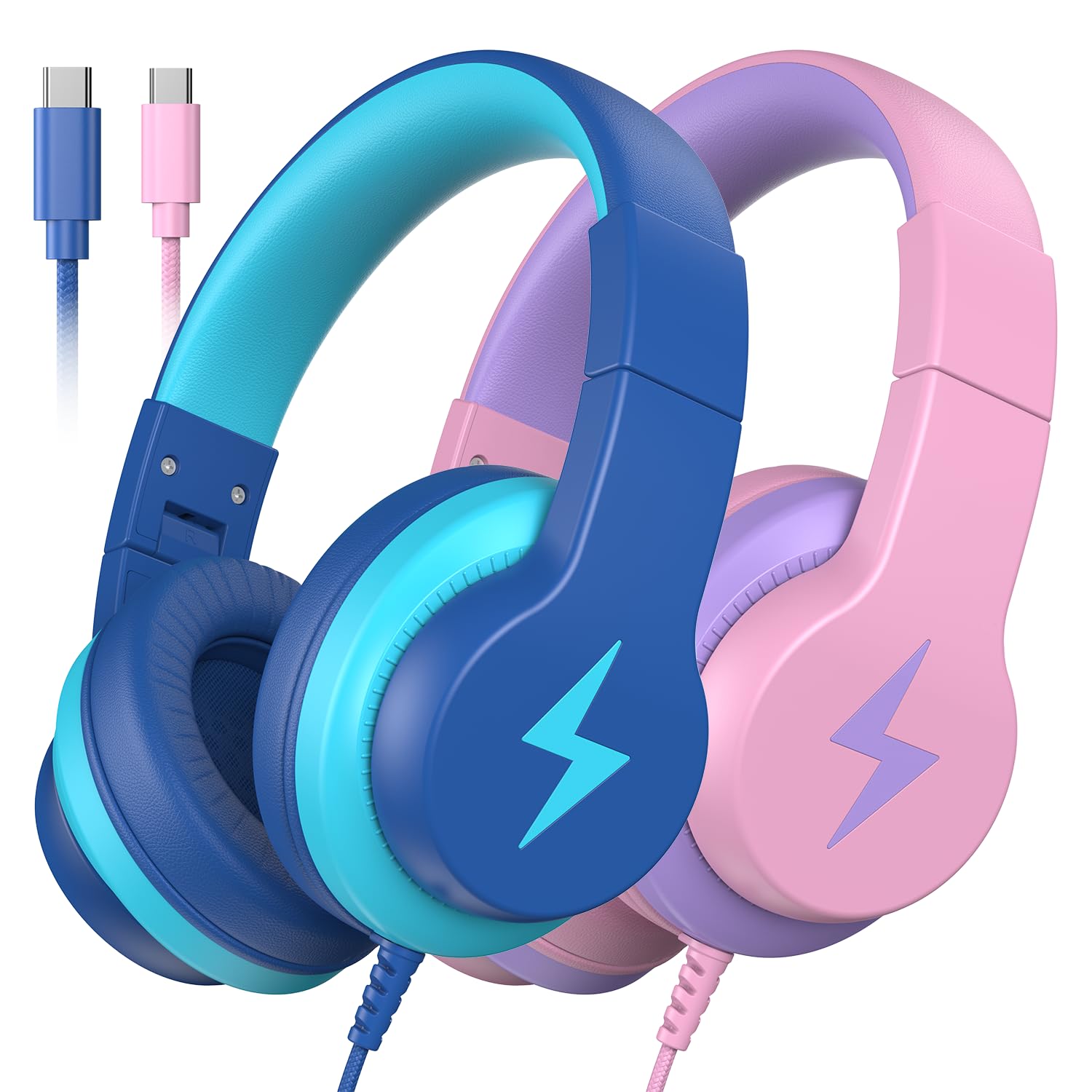 Candy Bila Cuffie per bambini, cuffie cablate per bambini sopra l'orecchio con microfono, limitatore di volume 85/94 dB, cuffie per ragazze e ragazzi, cuffie pieghevoli per apprendimento e