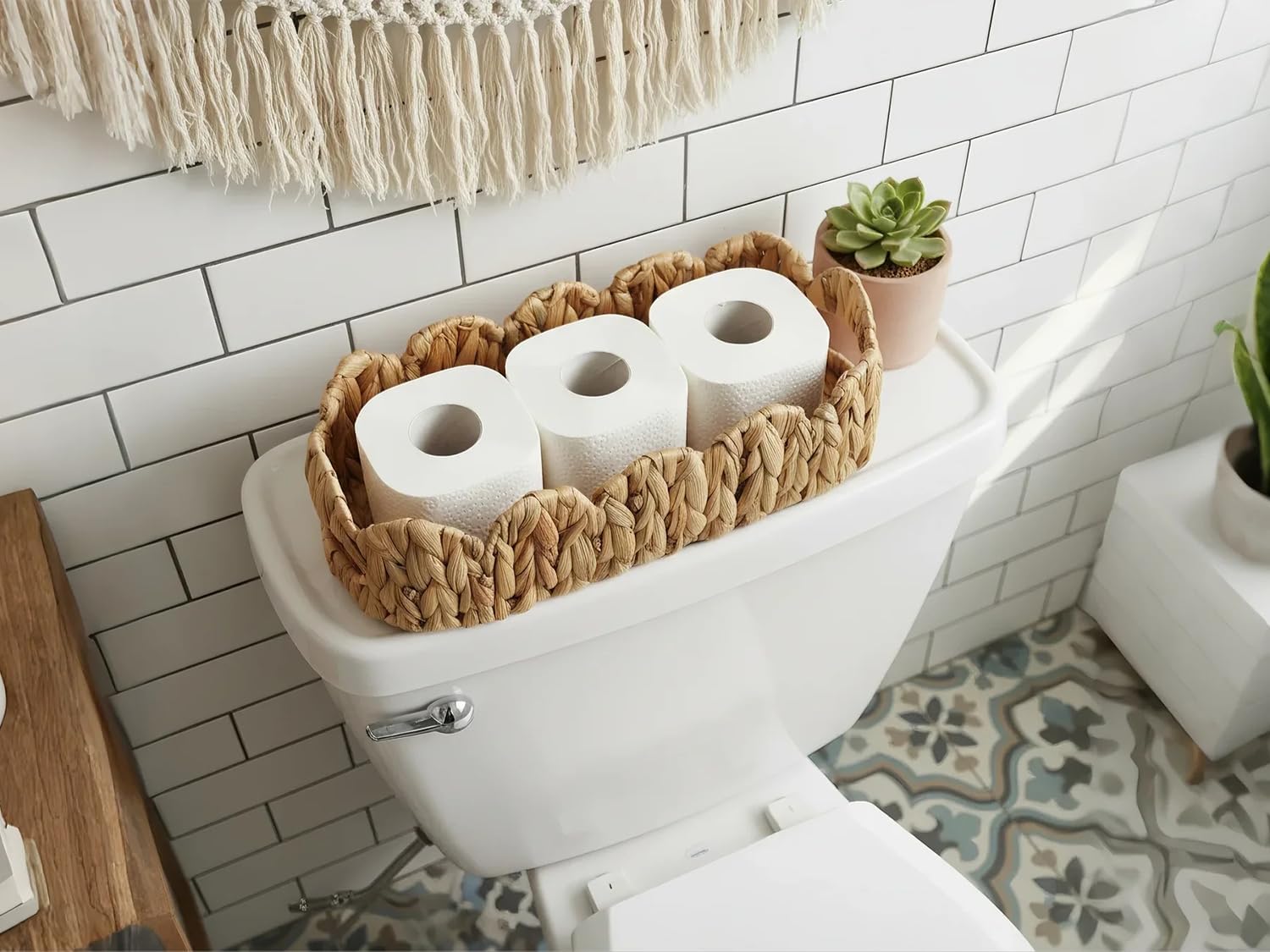 2 SAME SIZE Toilet Paper Storage Basket,Back of Toilet Storage,Boho Decor Small Scalloped Baskets for Bathroom Toilet Tank,Natural Water Hyacinth
