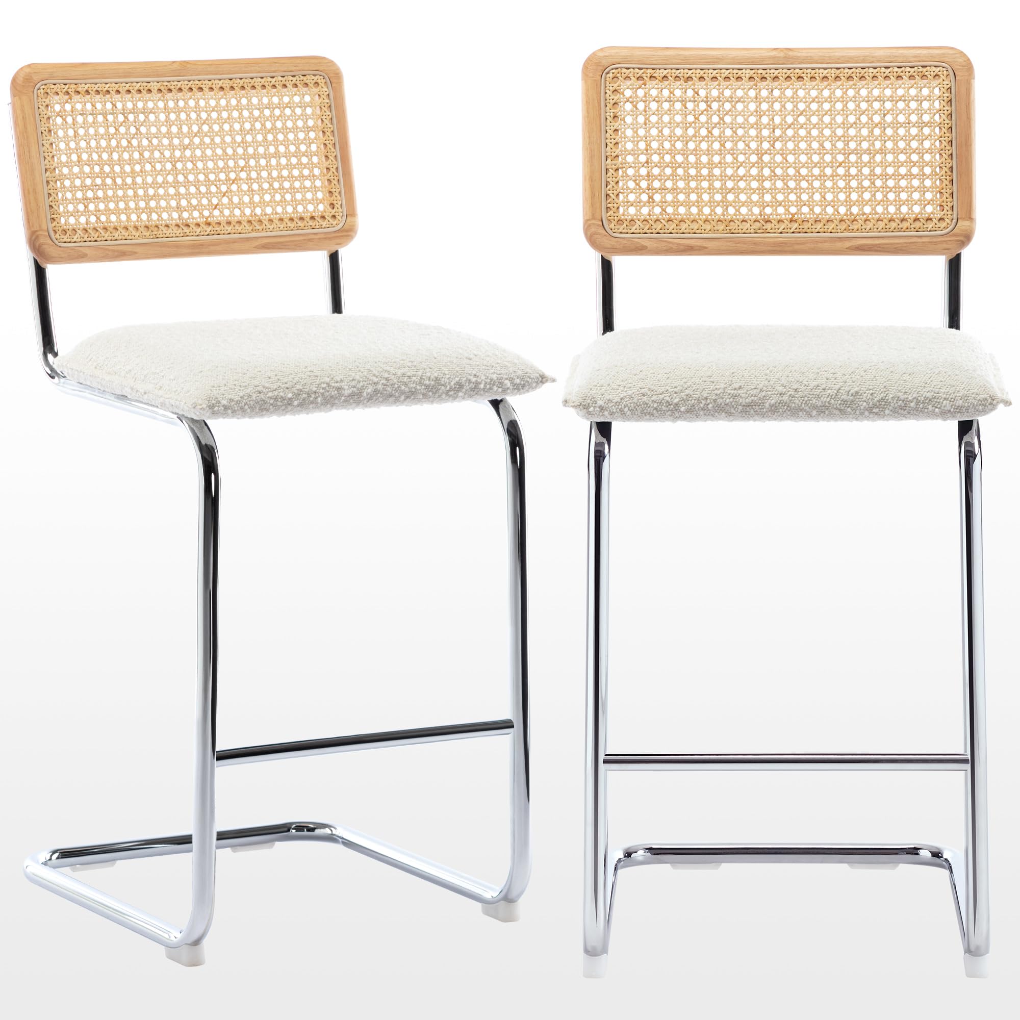 Zesthouse Boucle Bar Stools Counter Height Set of 2, 26'' Rattan Barstools with Wooden Back & Natural Cane Mesh, Mid Century Cantilevered Design Counter Stools for Kitchen Island, Chrome Base