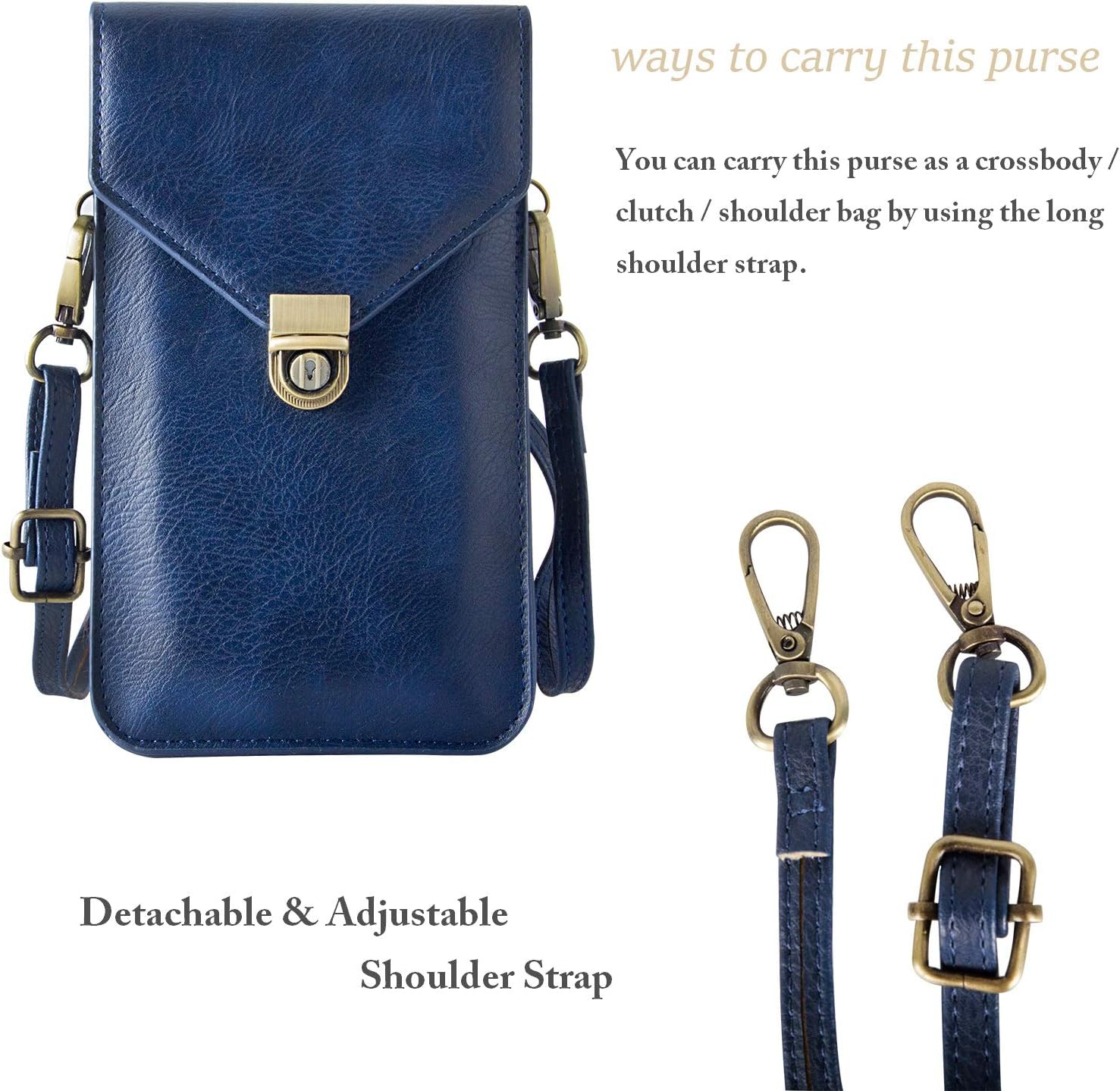 Small Cell Phone Purse, Synthetic Leather Crossbody Bag Dual Pockets Card Holder Neck Pouch with Adjustable Strap for iPhone X Xr 8 7 6s Plus, Galaxy S10 S9 S8 Plus, LG G8 ThinQ, Blue - Image 3