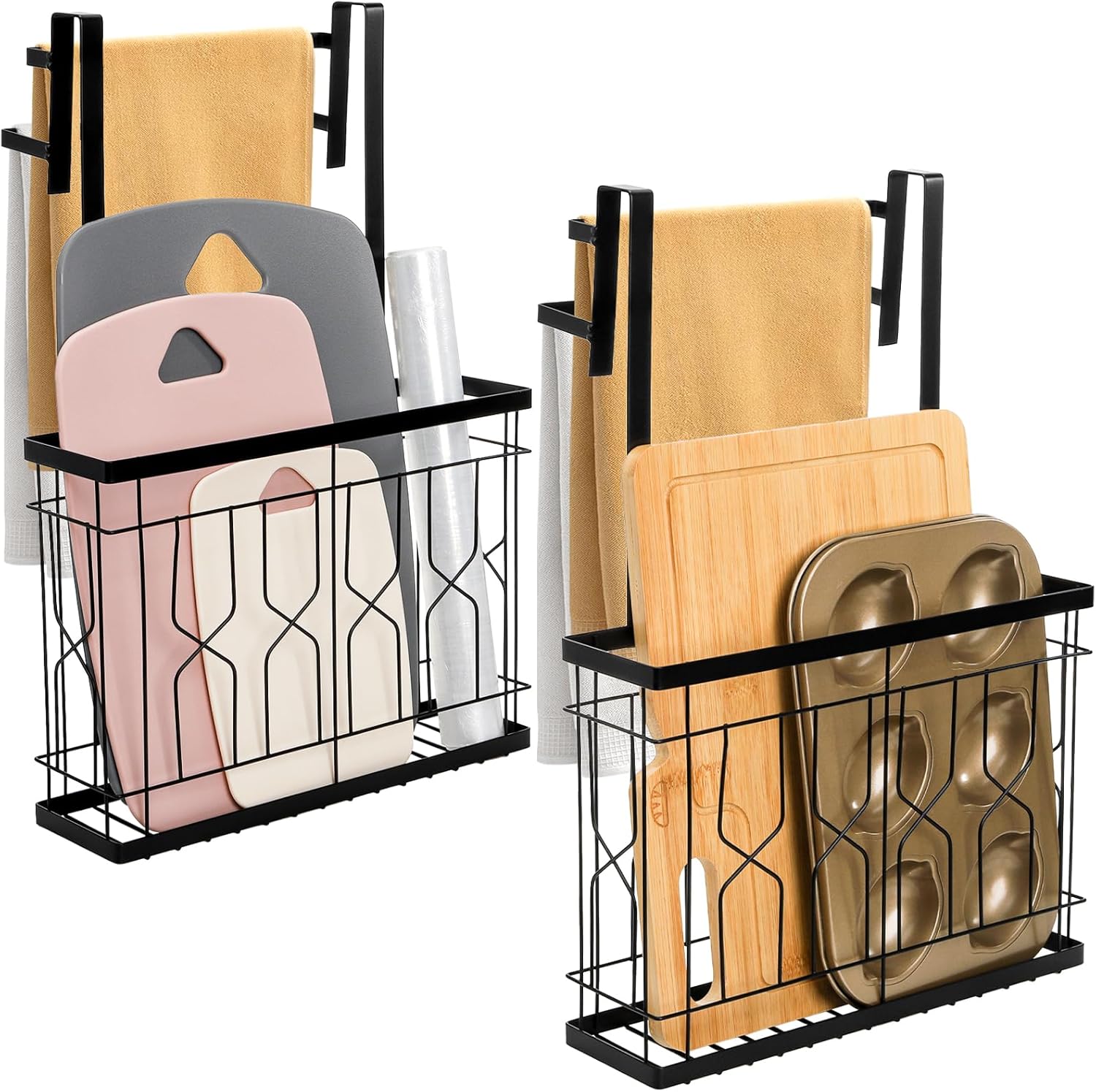 Bekith 2 Pack Cabinet Door Organizer with Double Towel Bar, Over The Cabinet Door Organizer and Storage for Cutting Board, Baking Sheet, Plastic Wrap, Black