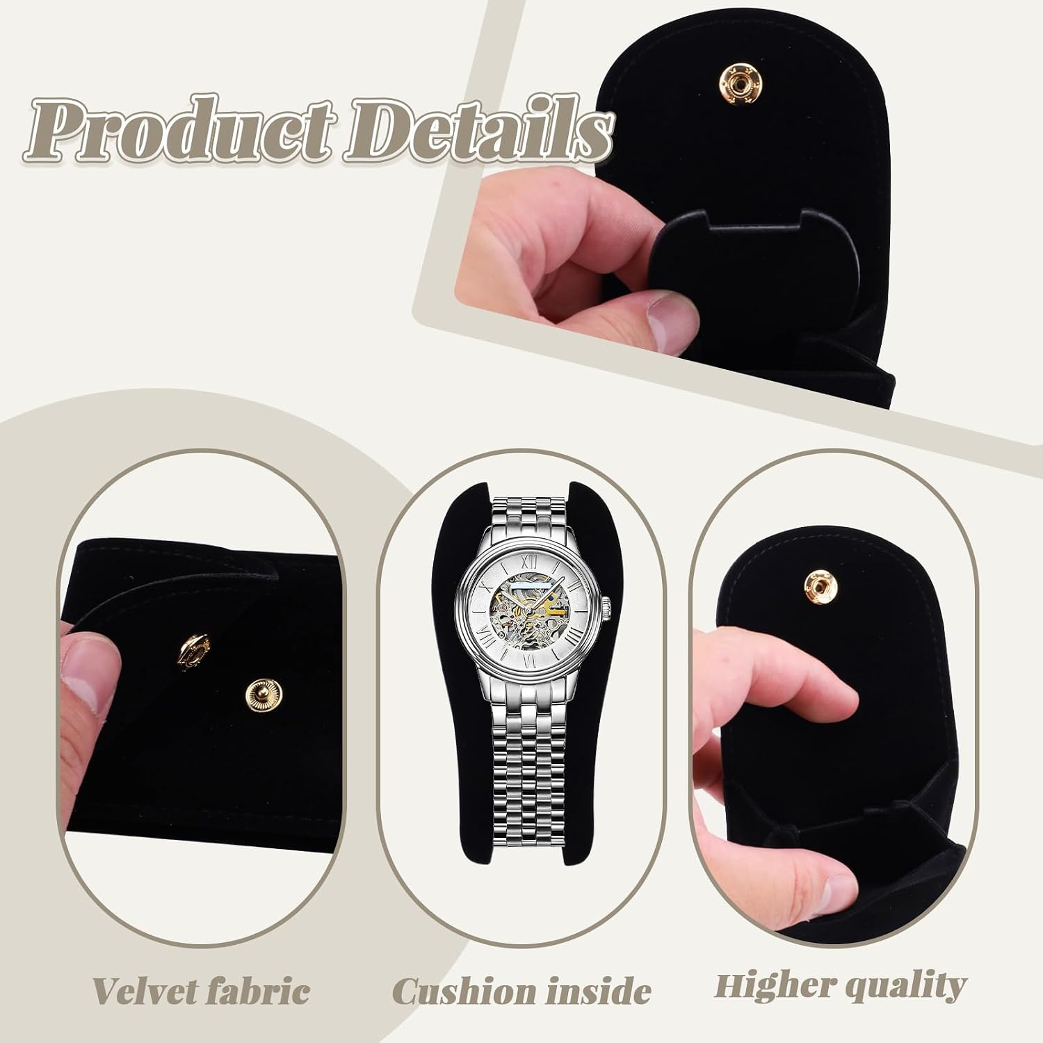 3 Pieces Travel Velvet Watch Pouch, 2.7" x 5.1" Single Watch Sleeve Storage Bag, Portable Velvet Pouch with Snap Button for Jewelry Rings Necklace Organizer Men Women (Black)