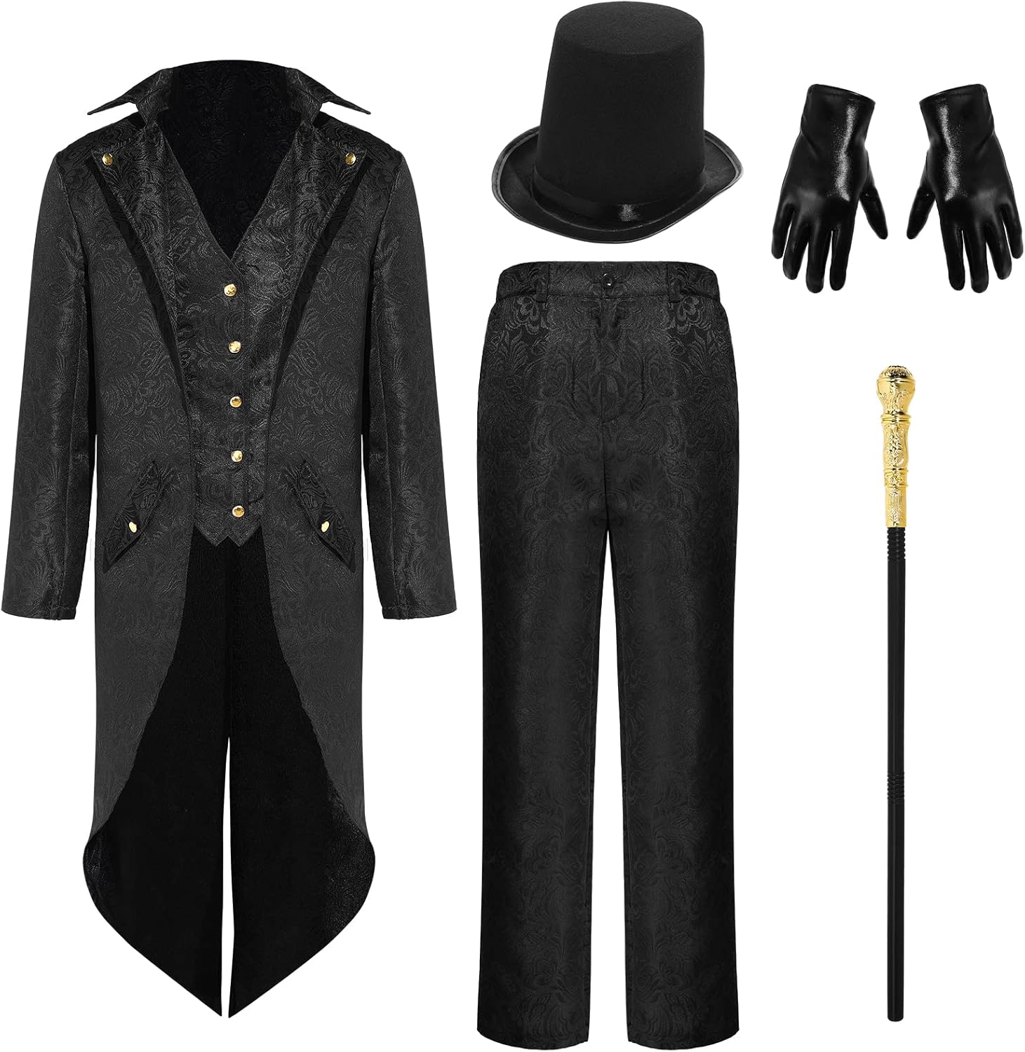 5 Pcs Men's Steampunk Vintage Tailcoat Jacket Gothic Victorian Uniform Halloween Costume Set Top Hat Gold Walking Cane