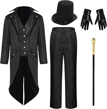 Men's Steampunk Vintage Tailcoat Costume Set with Top Hat and Cane - 5 Pieces