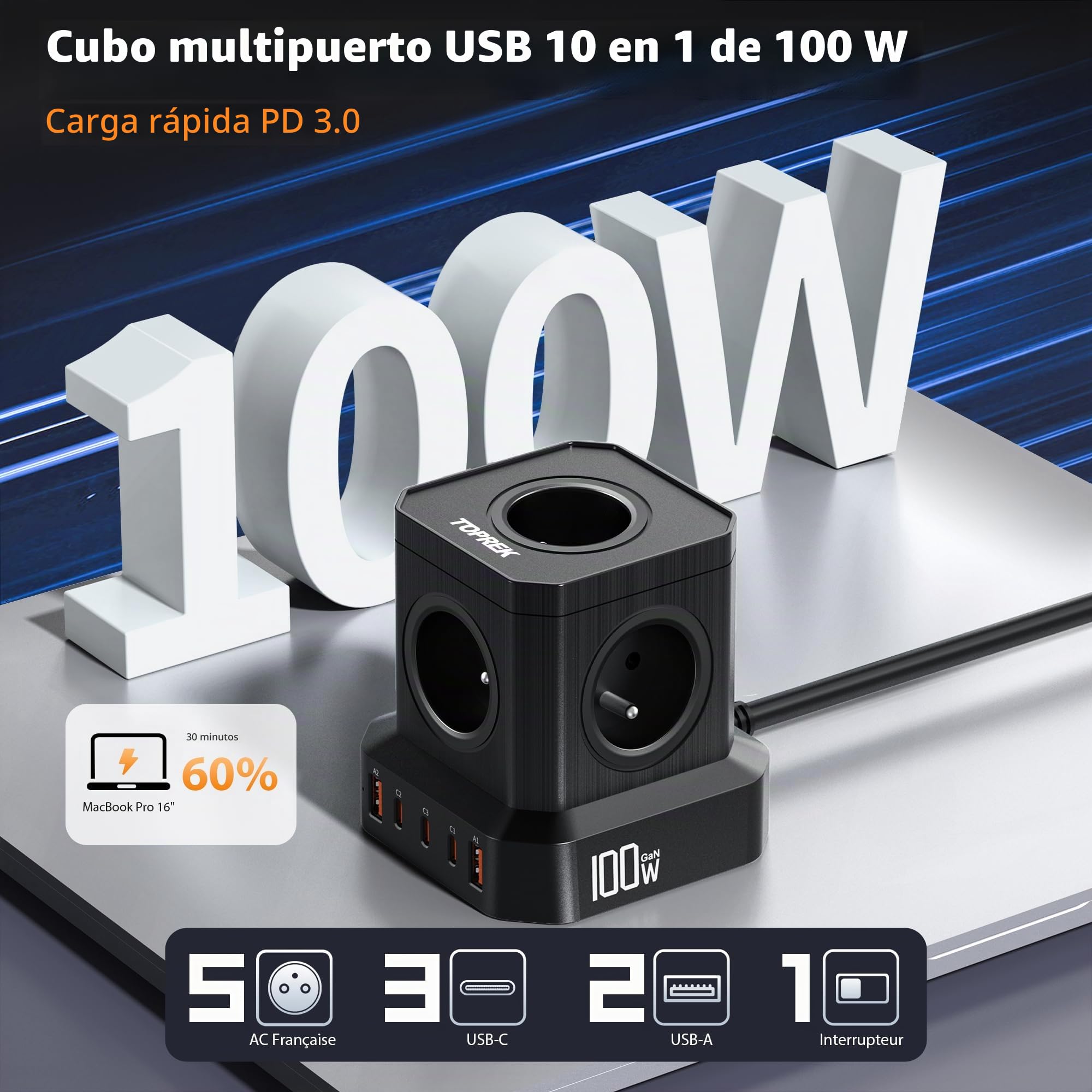 TOPREK Regleta Enchufe de 100W PD3.0 USB-C en Forma de Cubo, Cable alargador de 5 vías (16A/4000W) con Enchufe múltiple y Seguridad para niños, Cable alargador de 2m, Torre de alimentación FR