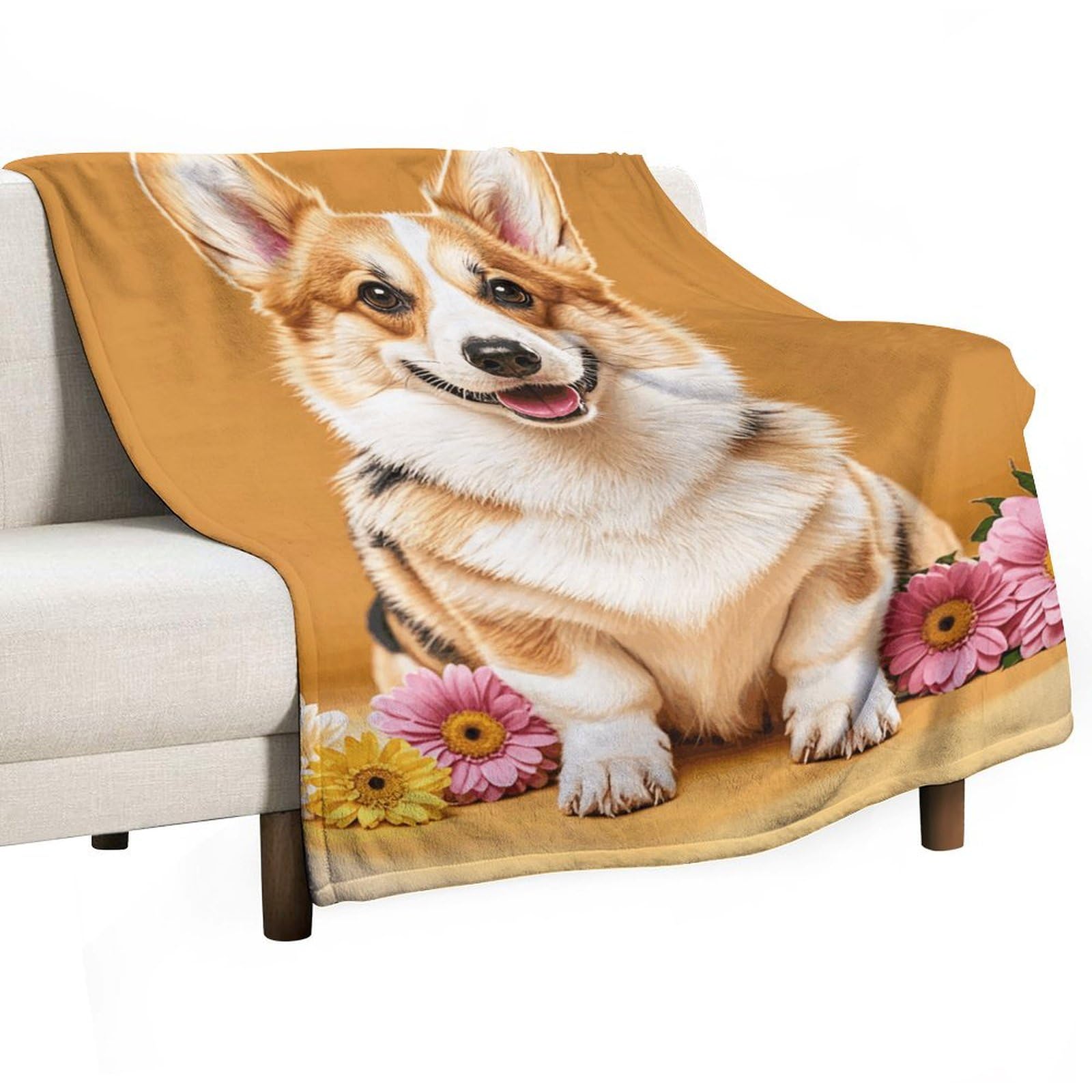 Plaid en flanelle légère et douce à motif floral corgi de 152x203 cm
