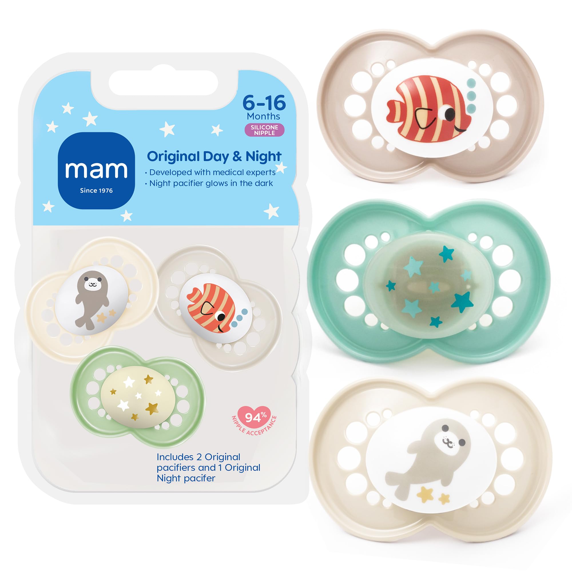 MAM Day & Night Silicone Orthodontic Pacifiers Set 6+ Red Fuzzy