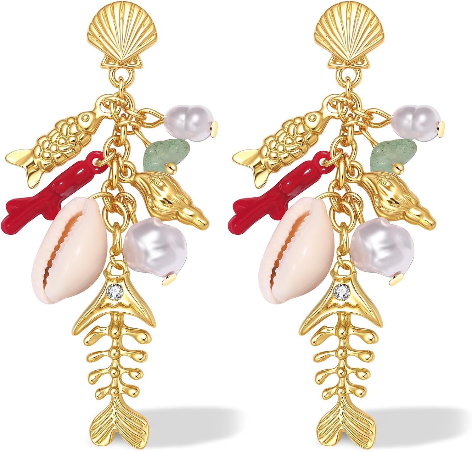 Fish Earrings for Women, Ocean Shell Coral Fish Bone Drop Dangle Earrings Boho Coastal Summer Beach Jewelry Gifts