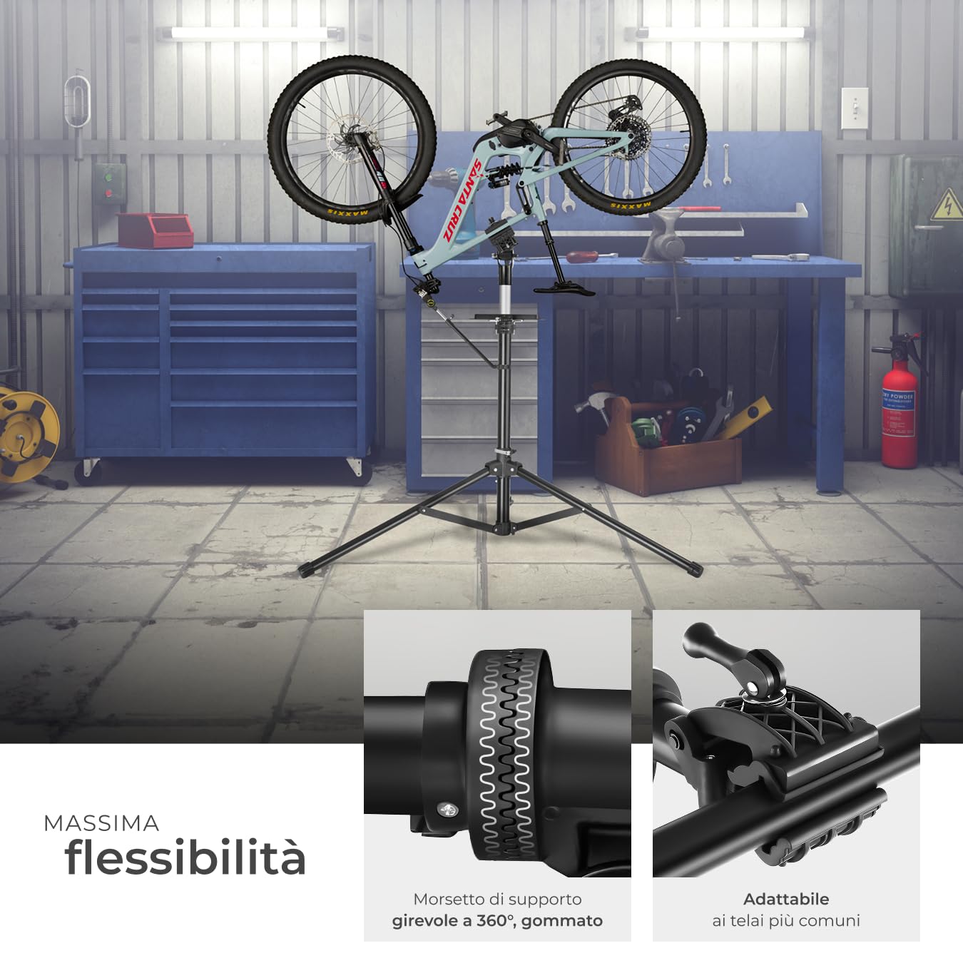 tectake® Cavalletto Manutenzione Bici, Cavalletto per Bici Pieghevole, Supporto Bicicletta, Girevole 360°, Altezza Regolabile, Stabilizzatore Ruota Anteriore, Carico Max 50 kg - Nero