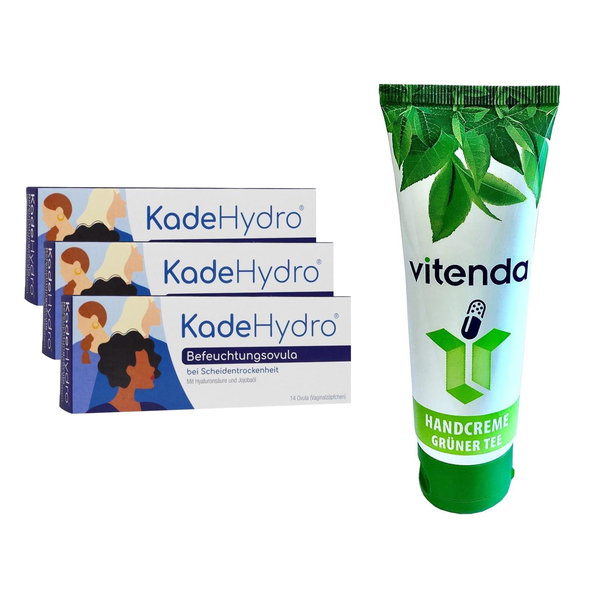 Set: Befeuchtungsovula bei vaginaler Trockenheit mit KadeHydro, hormonfrei mit Hyaluronsäure, 3x14Stk – inkl. vitenda Handcreme