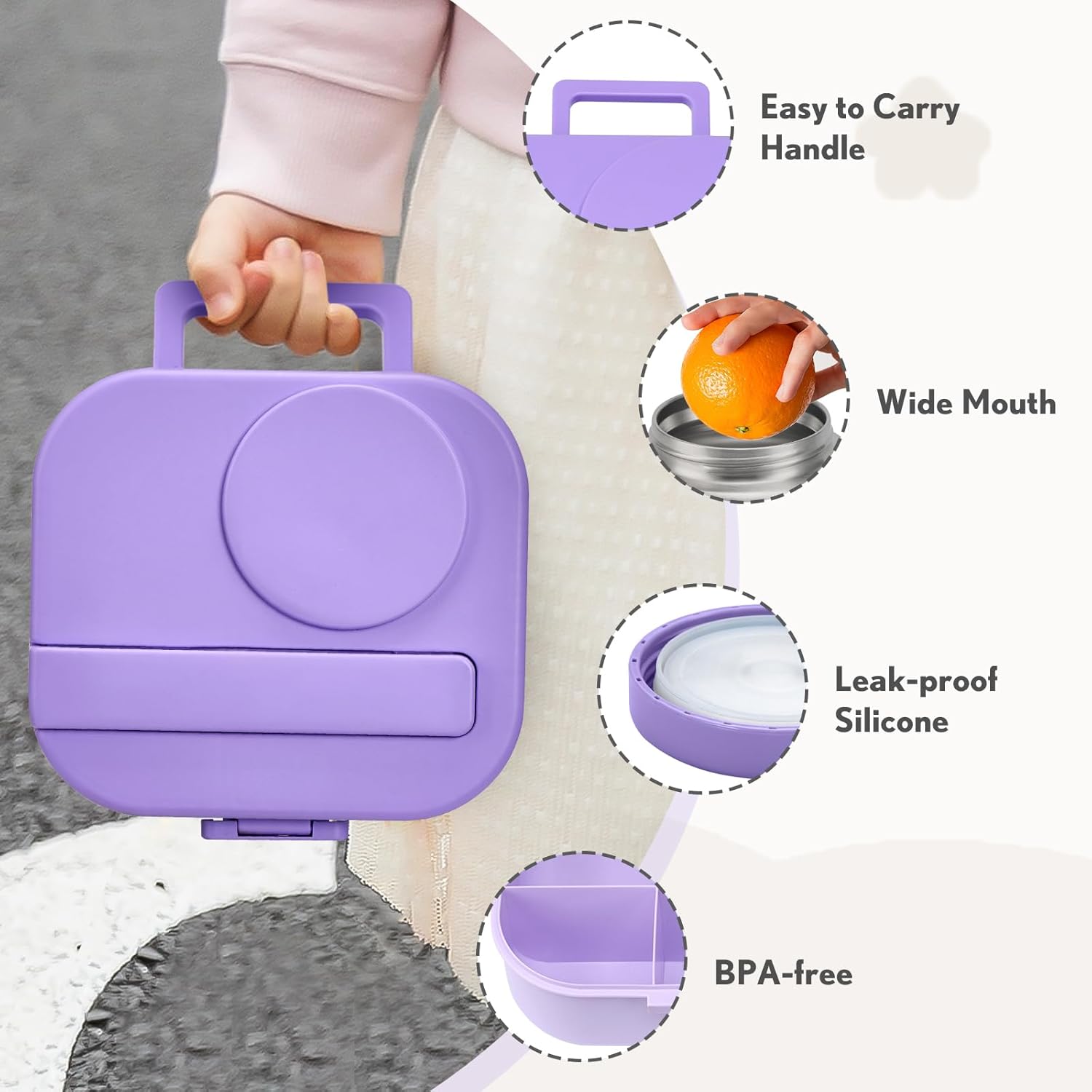 Bento Lunch Box with 12oz Soup Thermo,4 Compartments Lunch Box Containers, Spoon&Sauce Jar, BPA Free&Leak proof,Insulated Food Jar for Travel(Purple) - Image 5