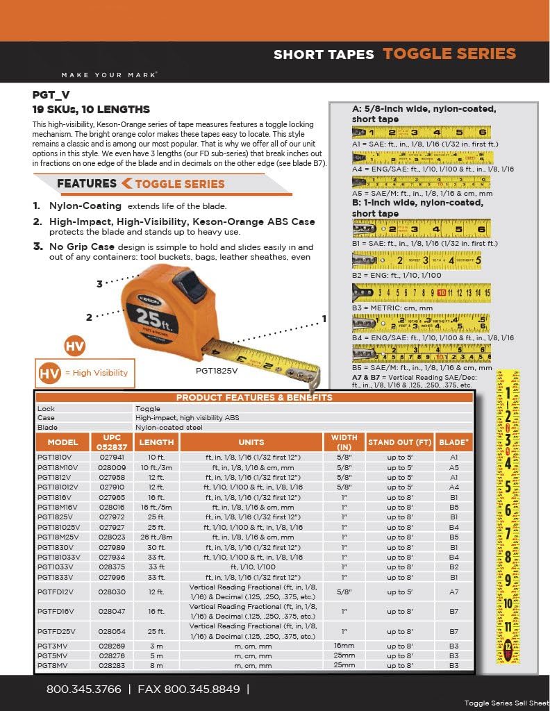 Keson Tape Measure, 1 In x 25 ft, In./Ft., Black, Orange, Yellow (PGT1825V)