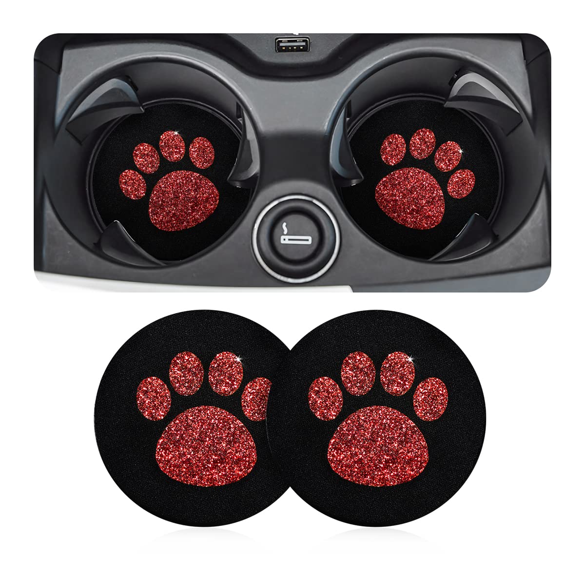 AUCELI 2 Pack Car Cup Holder Coasters, 2.75In Bling Glitter Rhinestone Paw Print Cup Coaster, Rubber Non-Slip Insert Auto Drink Mat, Universal Car Interior Accessories for SUV, Truck, RV (Red)